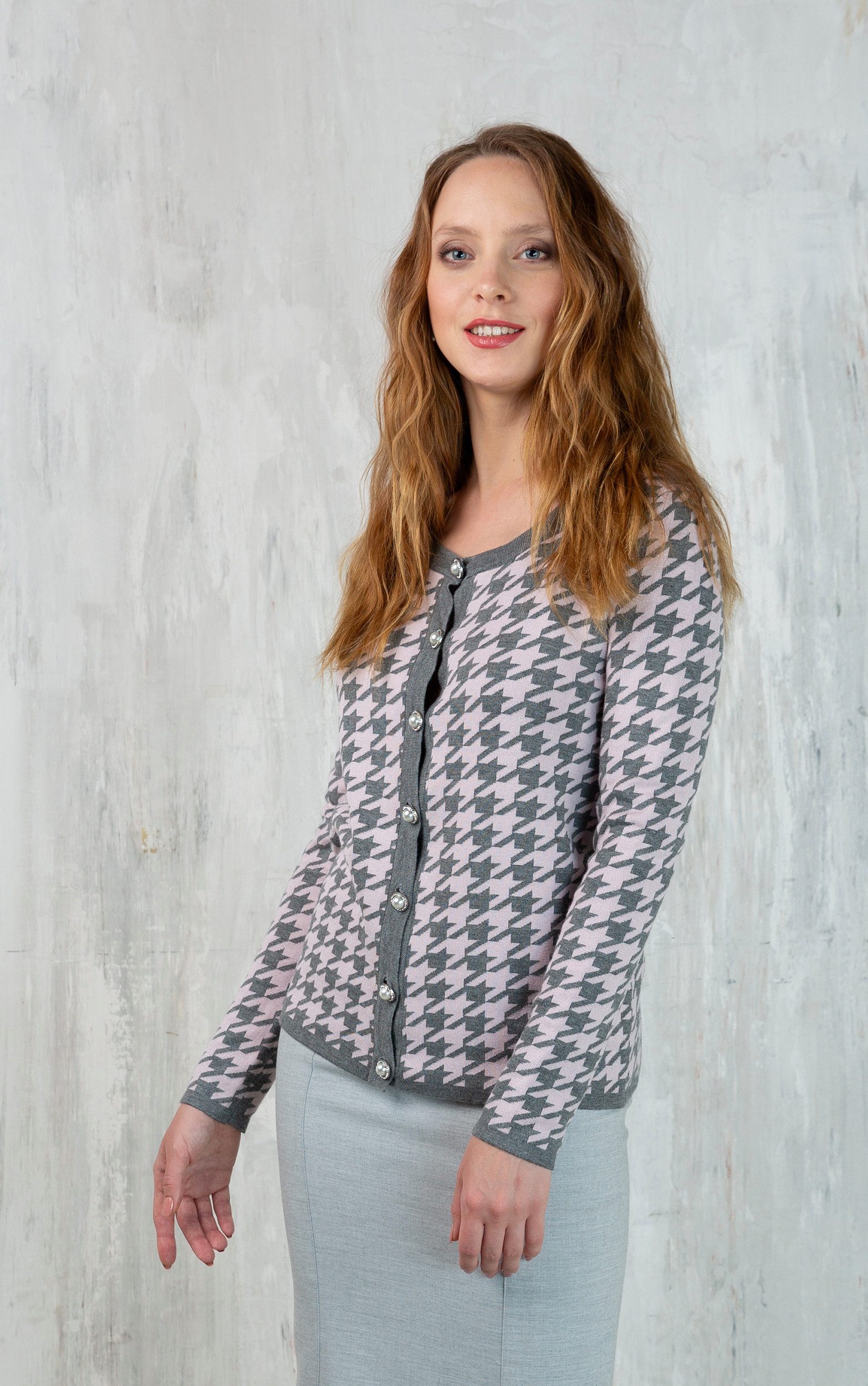 Passioni Cardigan mit Hahnentrittmuster und Perlenknöpfen