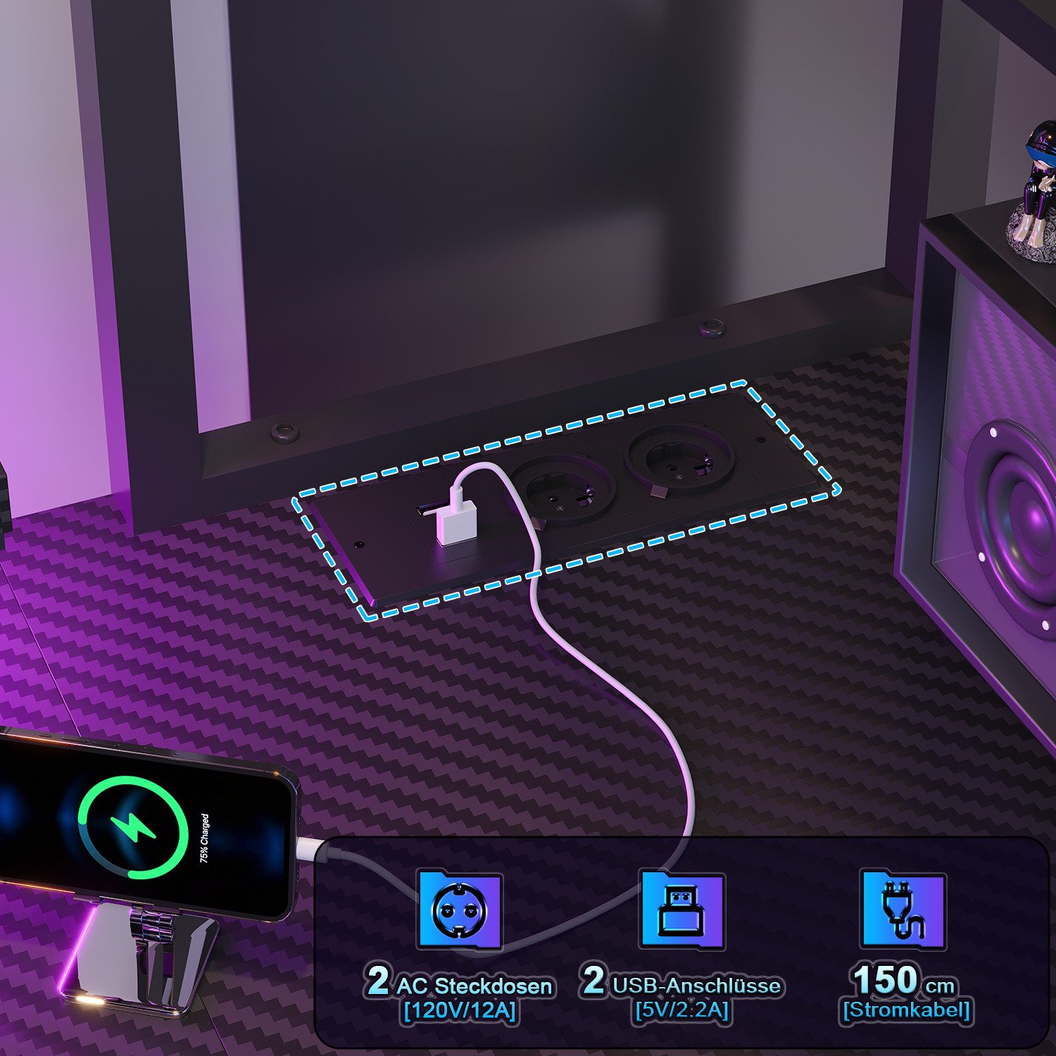HOMALL Schreibtisch L-förmiger Gamingtisch mit Regal, LED-Leuchten, Steckdose & Schubladen (Maße: 115 cm, mit Vitrine, 4 Stoffschubladen und Haken, links oder r – Bild 4 von 5