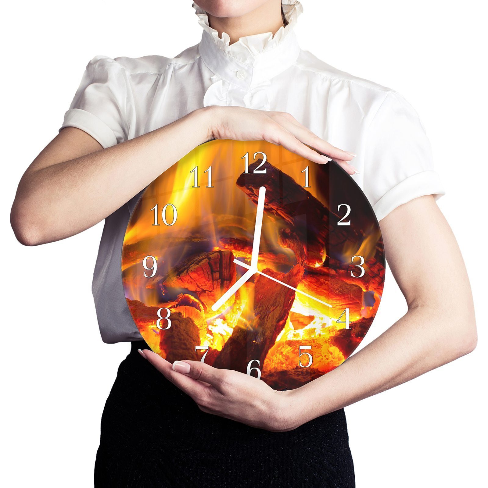 Primedeco Wanduhr Wanduhr aus - Glas Feuer Durchmesser Flammen Quarzuhrwerk im 30 mit Motiv Rund mit cm und