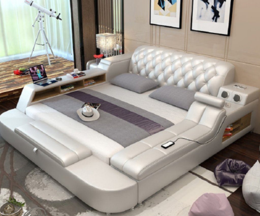JVmoebel Bett, Design Weiß Polster Hotel Betten Multifunktion Regal Leder Bett Big 180x200