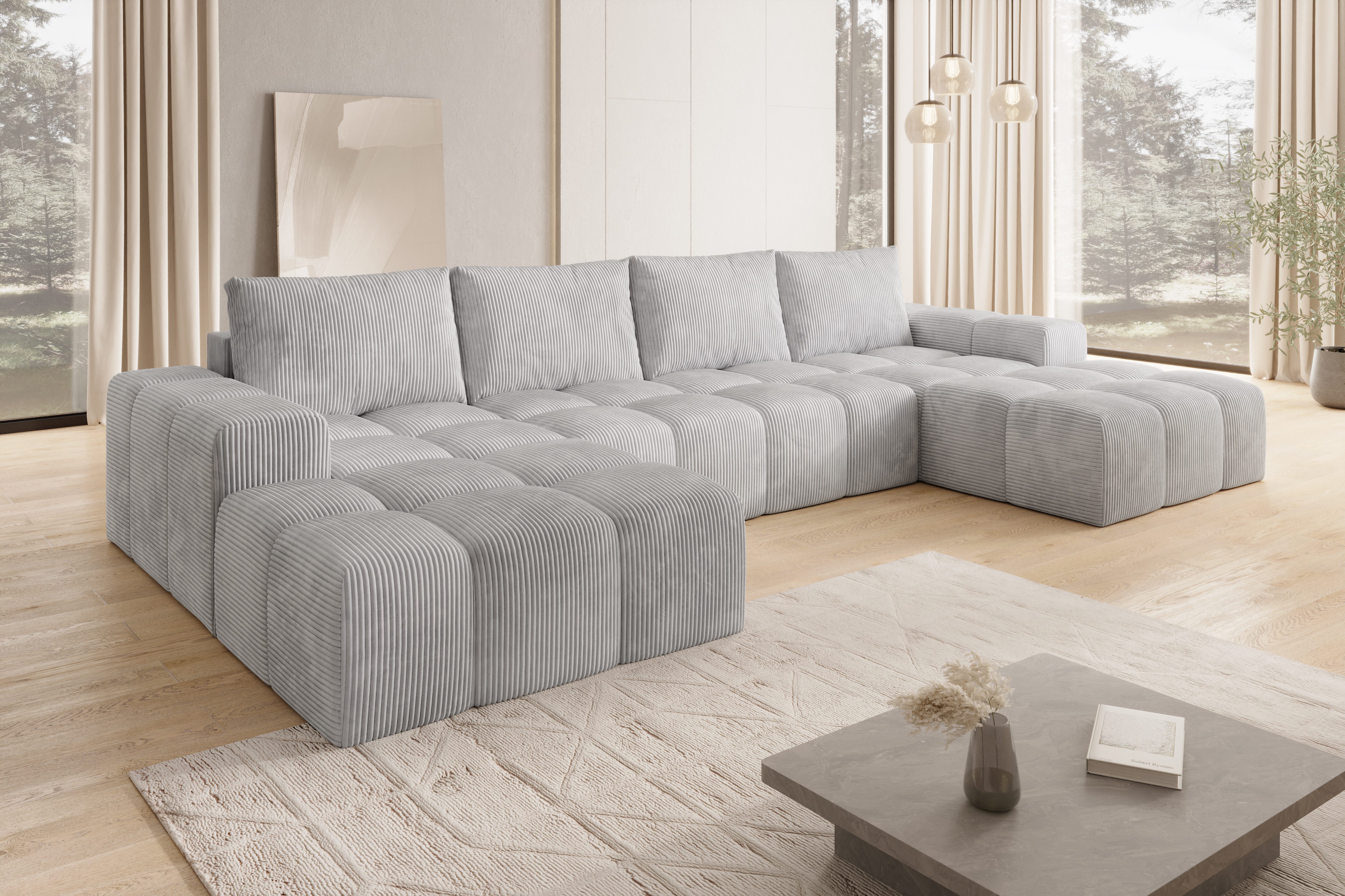 PROMETO Möbel Ecksofa Couch U-Form, Sofa U-Form Teddy-Bouclé, Web oder Cord-Stoff Cento