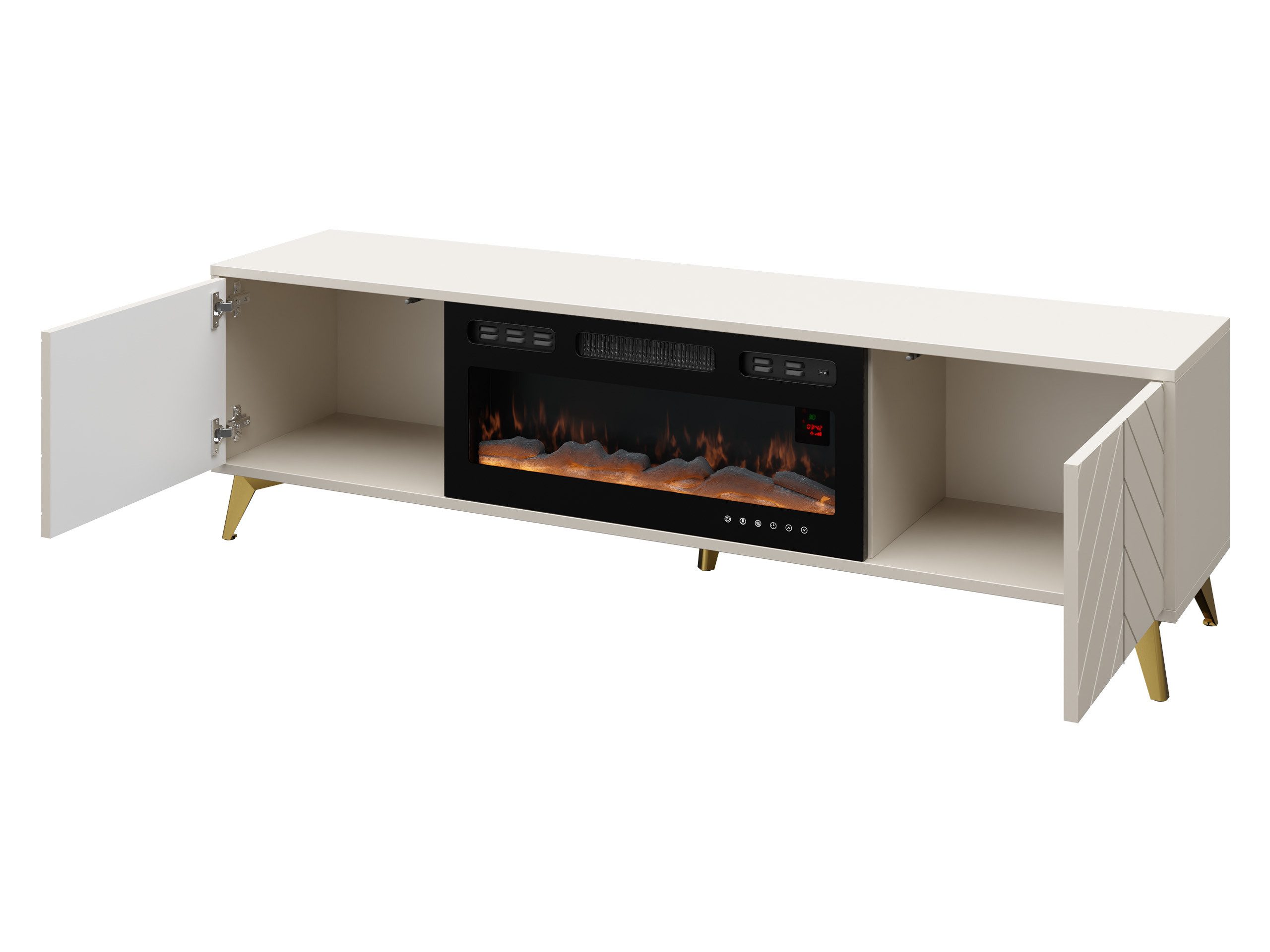 MIRJAN24 TV-Schrank Xylix 2D EF mit Elektrische Kamin (mit zwei Drehtüren) Realistische LED-Flamme, Füße aus Metall in der Farbe Gold – Bild 5 von 5