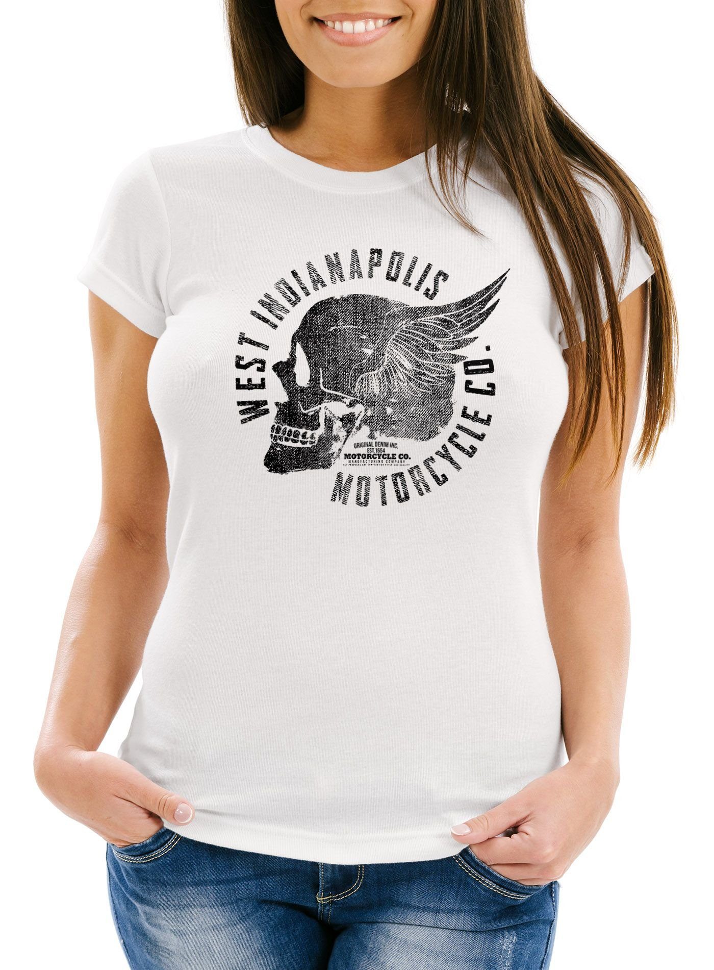Neverless Print-Shirt Damen T-Shirt Motorrad Biker Totenkopf Skull Wings Vintage Slim Fit mit Print