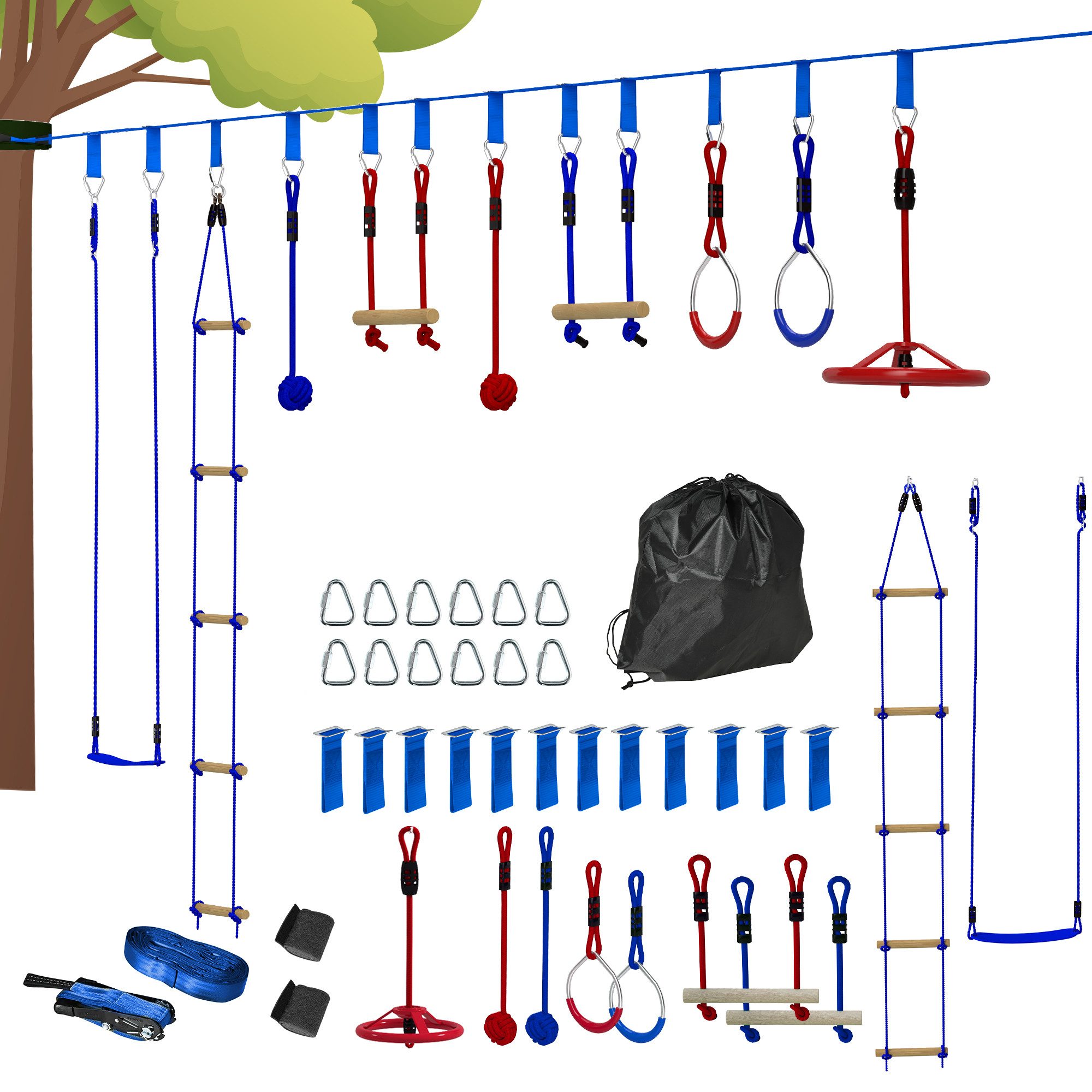 AIYAPLAY Slackline Kletterleiter mit Schaukel, Hängetablett Spielset Blau+Rot, Trainingsausrüstungsset für Kinder