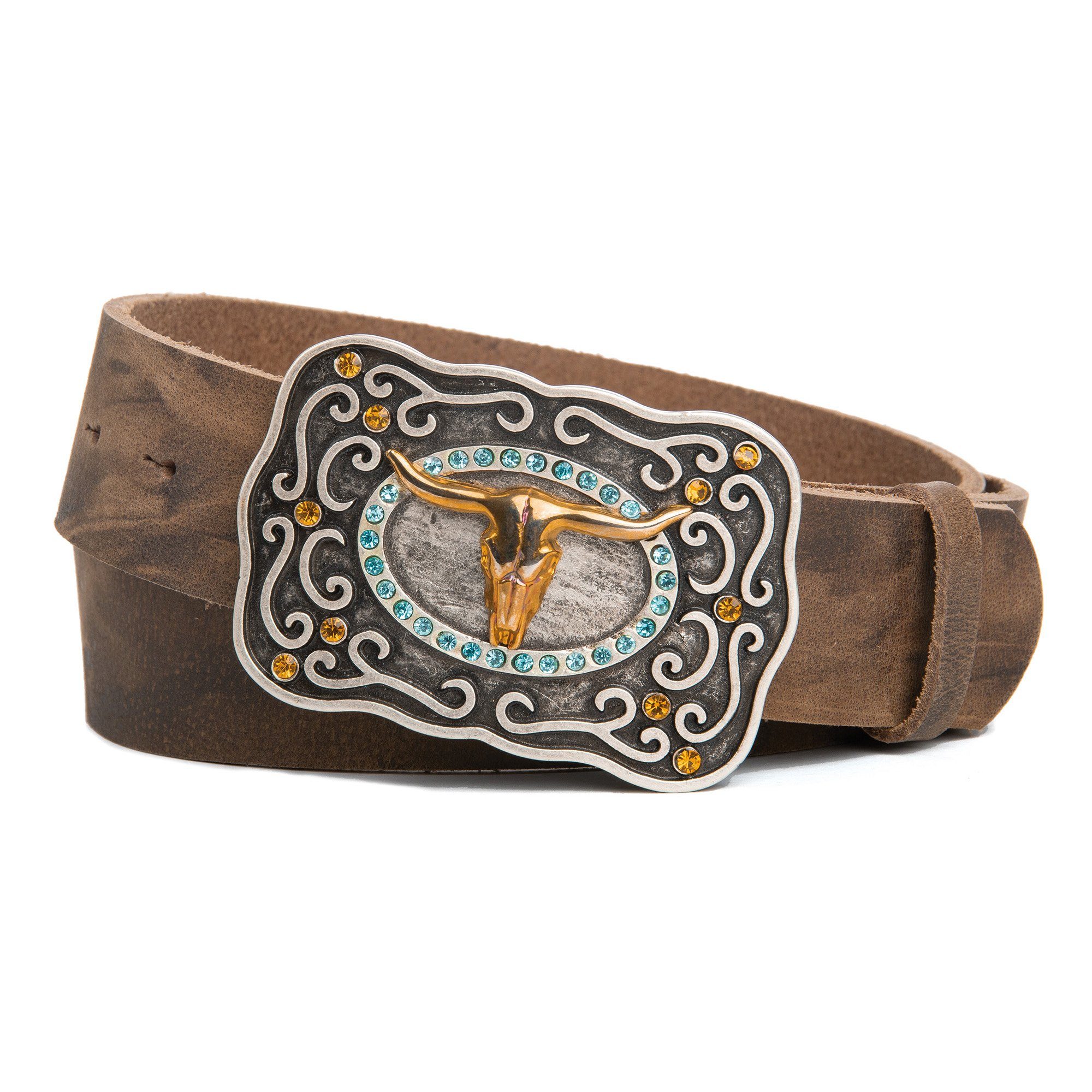 Cassandra Accessoires Ledergürtel "Goldrausch" mit Koppelschieße mit Strassdetails, Long Horn, Western - MADE IN GERMANY