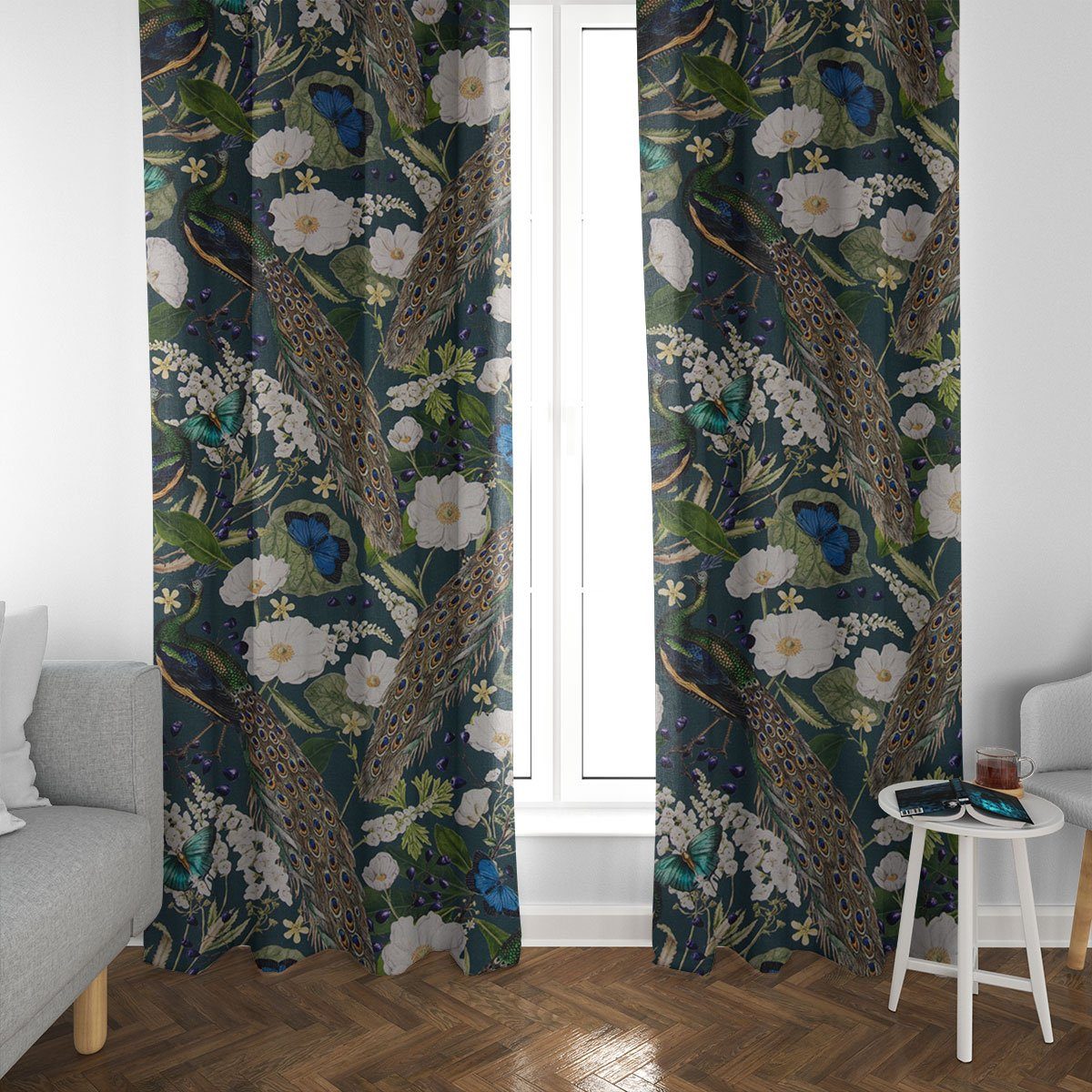 SCHÖNER LEBEN. Vorhang Vorhangstoff Meterware Pfau Blüten petrol oder Länge wählbar aus 245cm, Smokband, blickdicht, Baumwolle, handmade