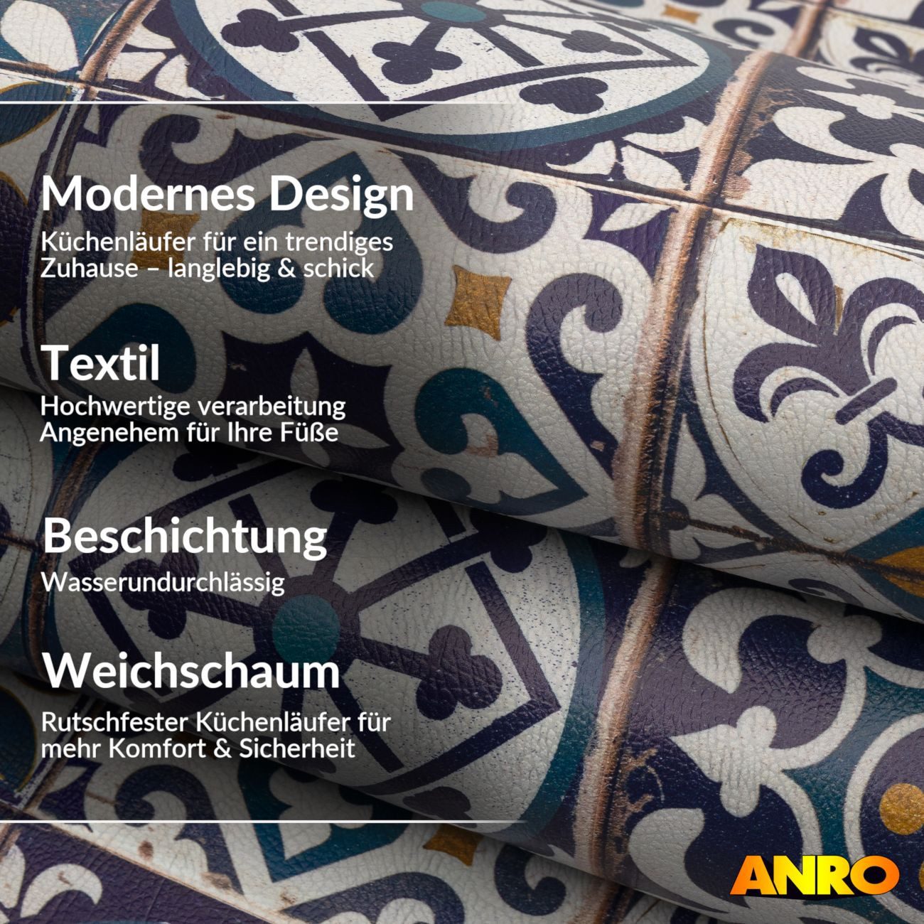 ANRO Küchenläufer abwaschbar Arabesk LADY Läufer stark pflegeleicht Küchenteppich, Rechteckig, Höhe: 3 mm, robust schmutzabweisend 67x100cm Vintage Schwarz robust