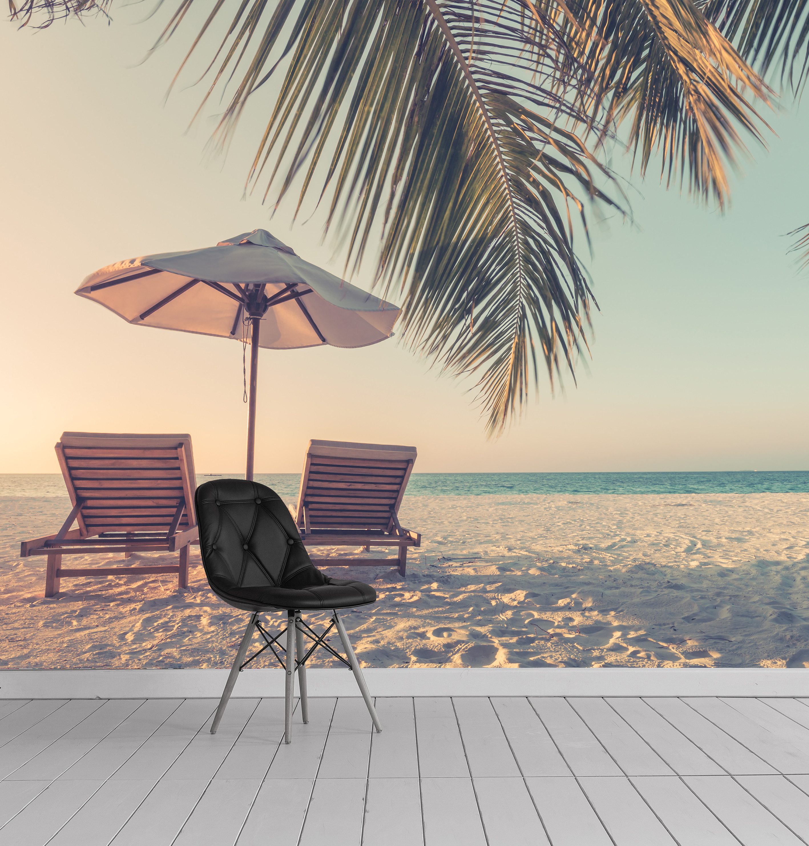 queence Fototapete Strandliegen am Meer, glatt, Meer, Motiv, Strand, bedruckt, natürlich, realistisch, (4 St), Wandpaneele, selbstklebend, Tapete, Sticker, Wanddeko, XXL-Fotomotiv