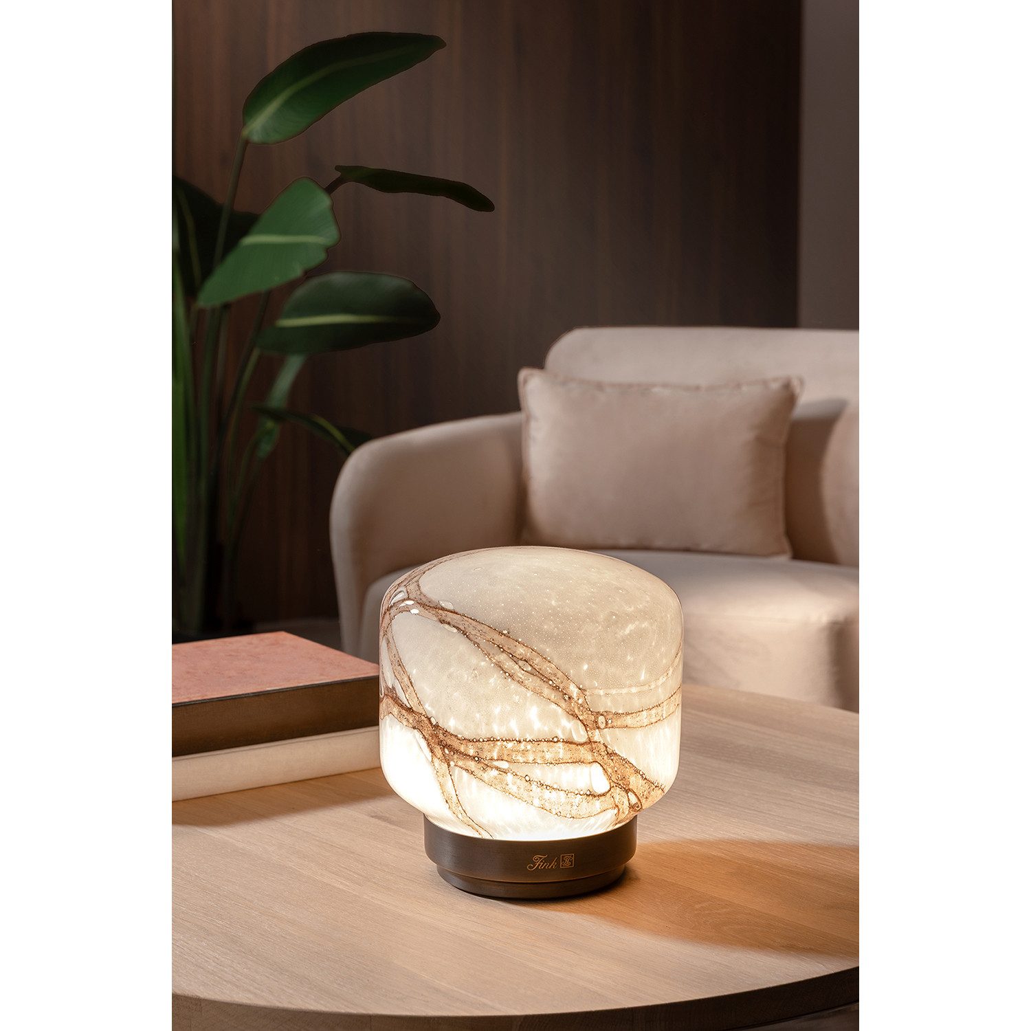 Fink LED Dekolicht MELLUX LED Leuchte - braun/weiß - Glas/Eisen - H. 21cm x Ø 19,5cm, Lichtlaterne LED - Lampenhalter LED - Lichtquelle LED