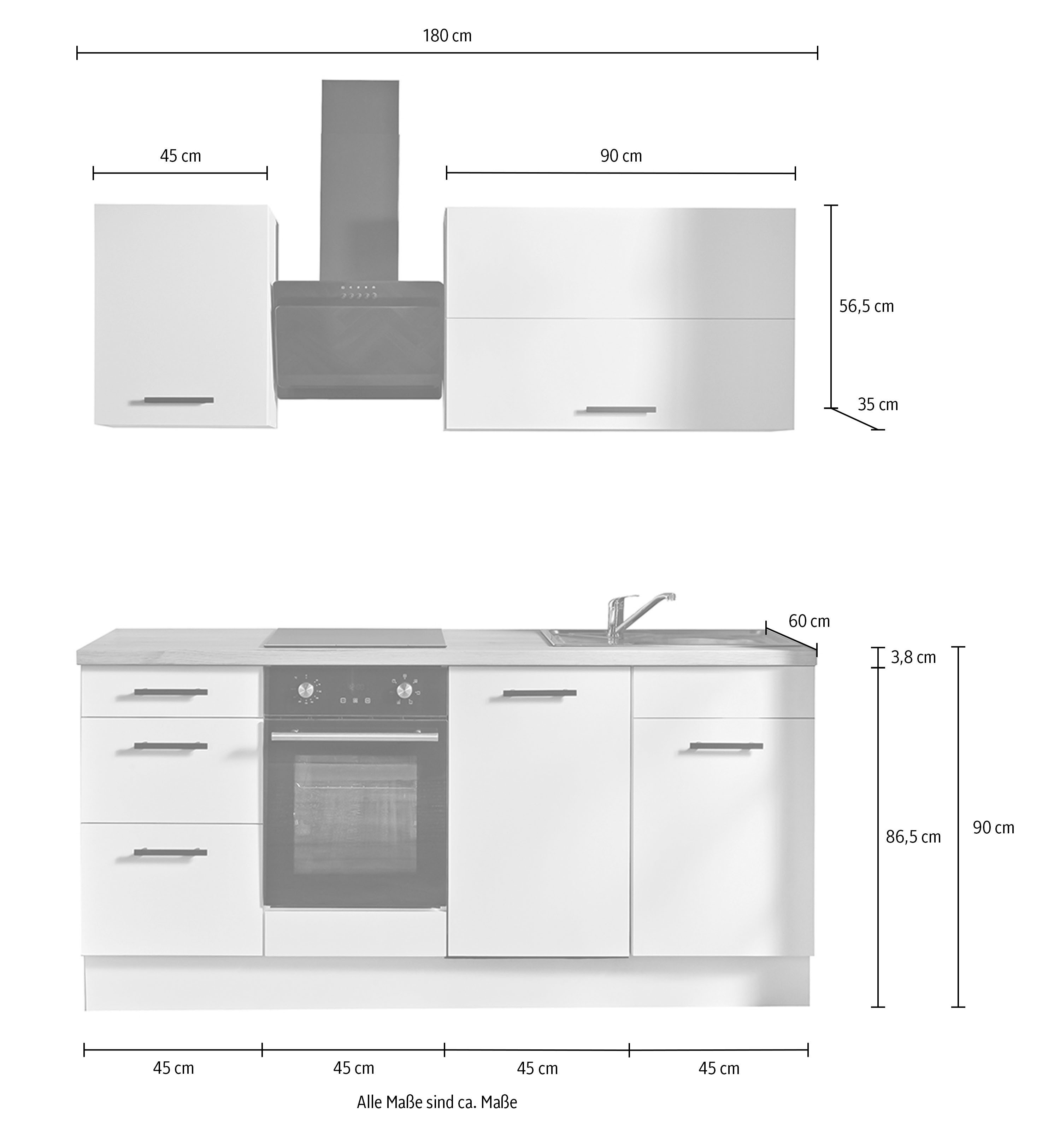 Meuble de cuisine Wiho Kitchens Fortyfive, largeur 180 cm, fermeture amortie des tiroirs et des éléments coulissants, pieds réglables en hauteur