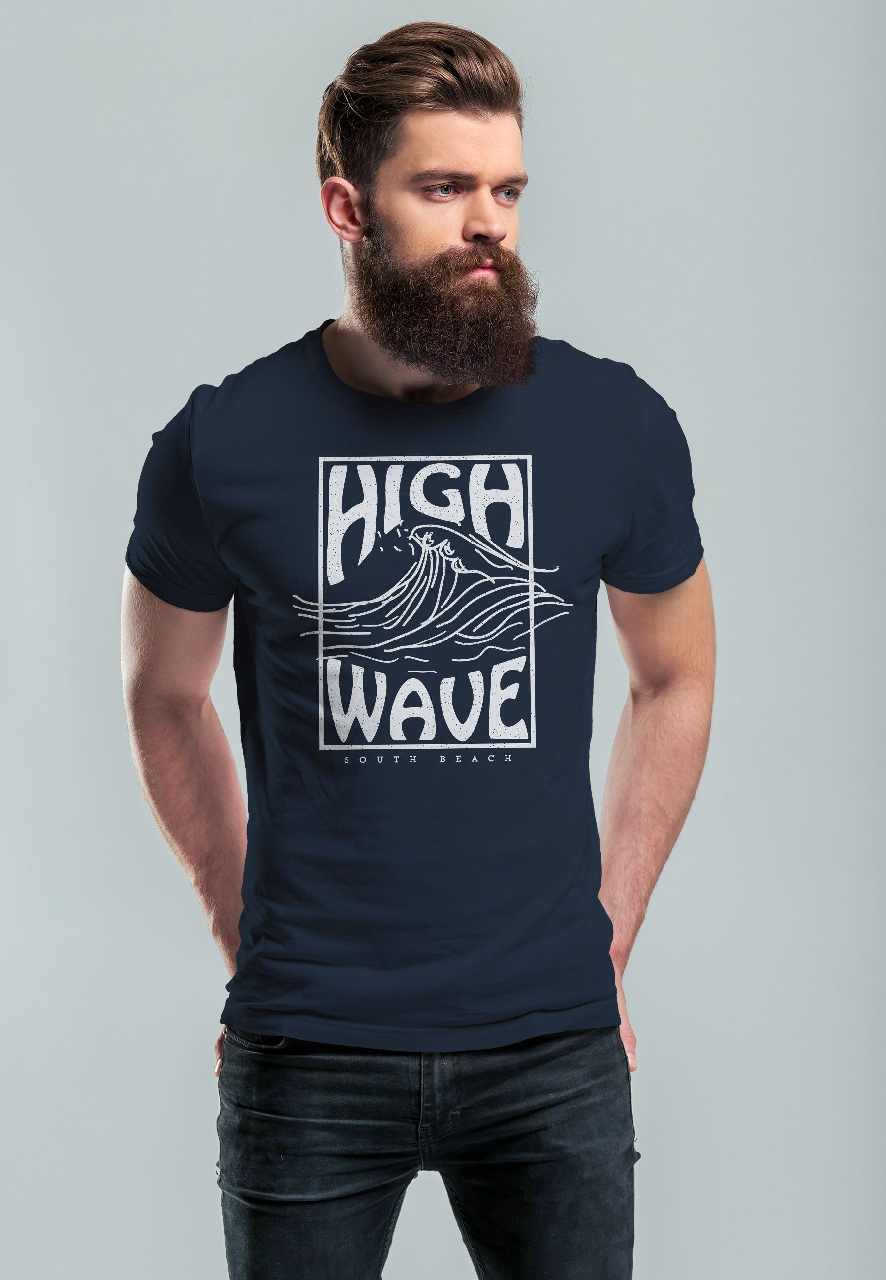 Neverless Print-Shirt Print Surfing Art navy Schrift Logo T-Shirt Herren Aufdruck Welle High Line mit Wave