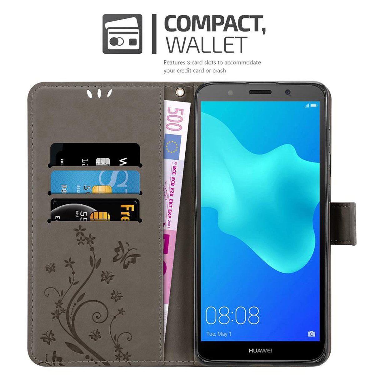 Cadorabo Handyhülle für Huawei Y5 PRIME 2018 / Y5 2018 Hülle Huawei Y5 PRIME 2018 / Y5 2018, Hülle Schutzhülle Blumen Flower mit Standfunktion Kartenfach Magnet
