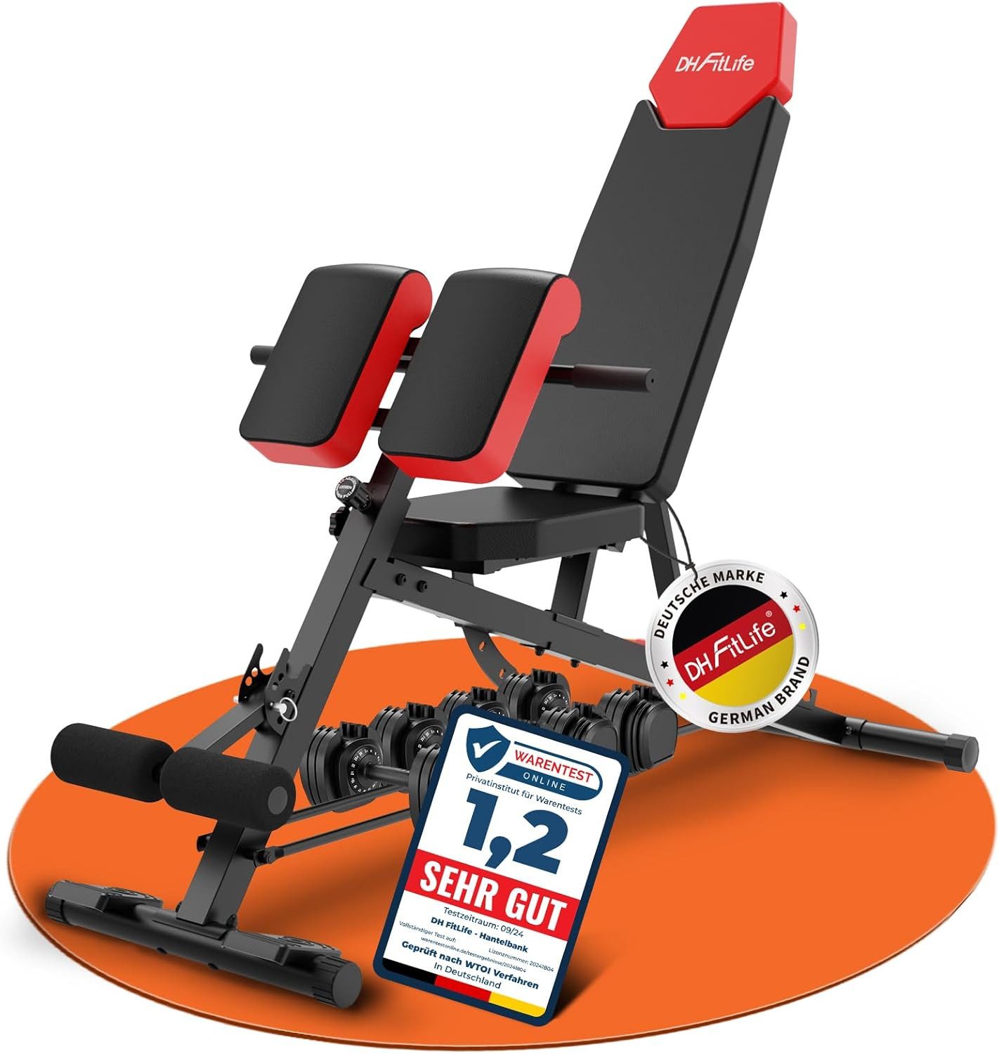 DH FitLife Hantelbank Verstellbar 6in1 bis 350kg, (Multifunktionale Trainingsbank mit Hyperextension), Nordic Curl & 52 Einstellungen für Home Gym