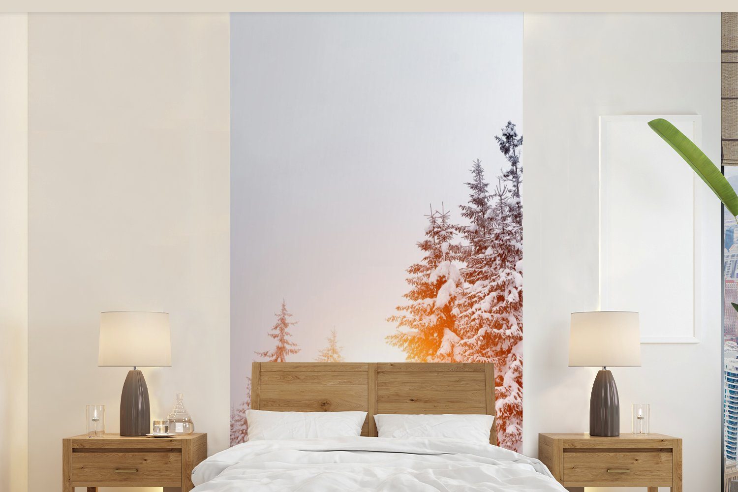 - Schnee, Fototapete MuchoWow für bedruckt, Küche, St), Wohnzimmer (2 Bäume - Sonne Fototapete Vliestapete Schlafzimmer Matt,