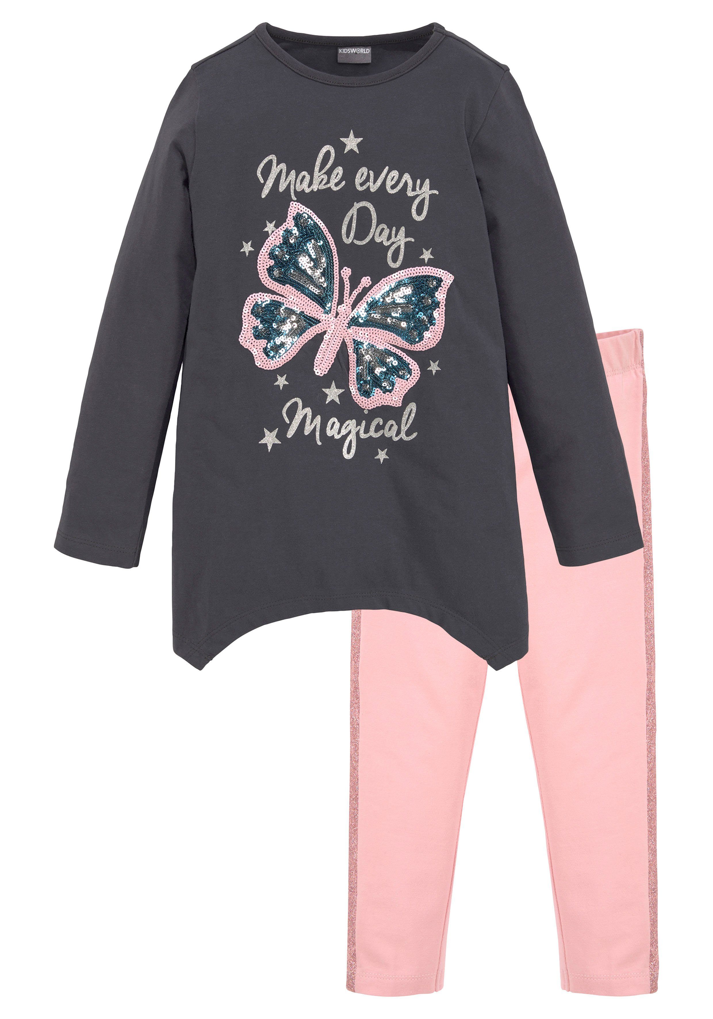 Glitzerdetails Langarmshirt KIDSWORLD (Set) & mit Leggings