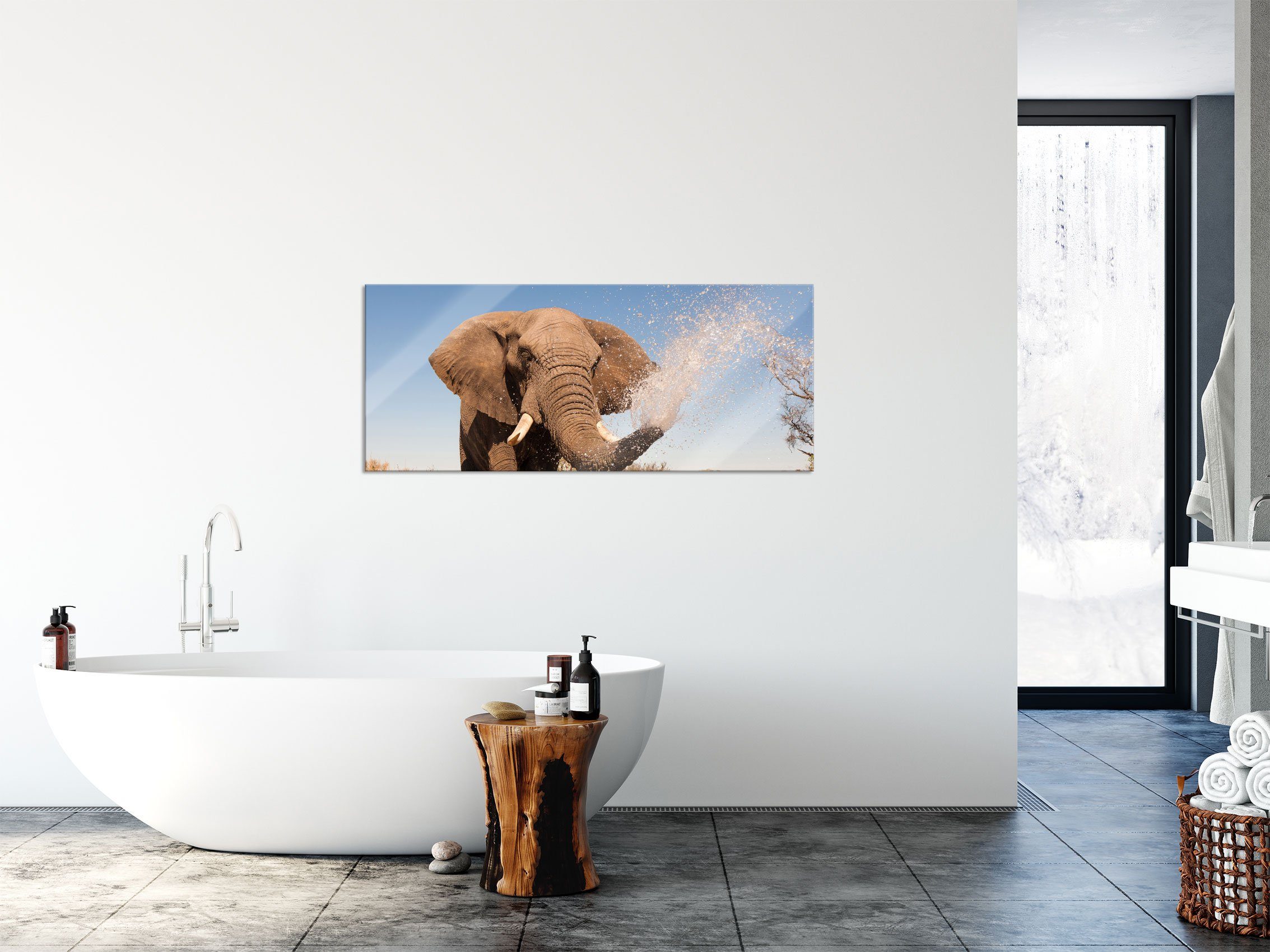 inkl. Wasser, mit Glasbild St), Elefant Aufhängungen Pixxprint mit Elefant schöner spritzt spritzt Wasser Glasbild aus und Abstandshalter (1 Echtglas, schöner