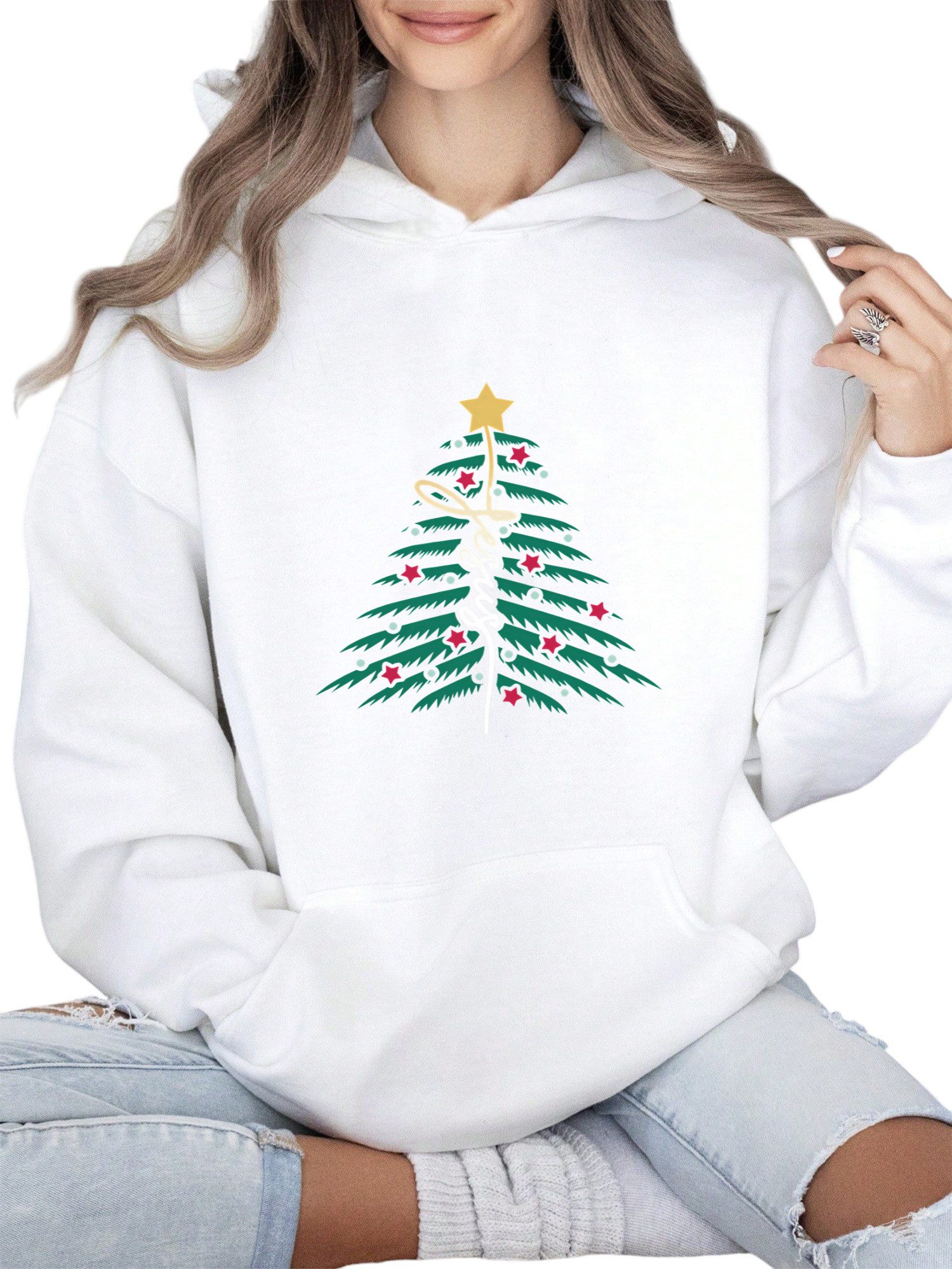 Hoodie Damen Weihnachten Print Hoodie aus kuscheligem Fleece mit Tasche