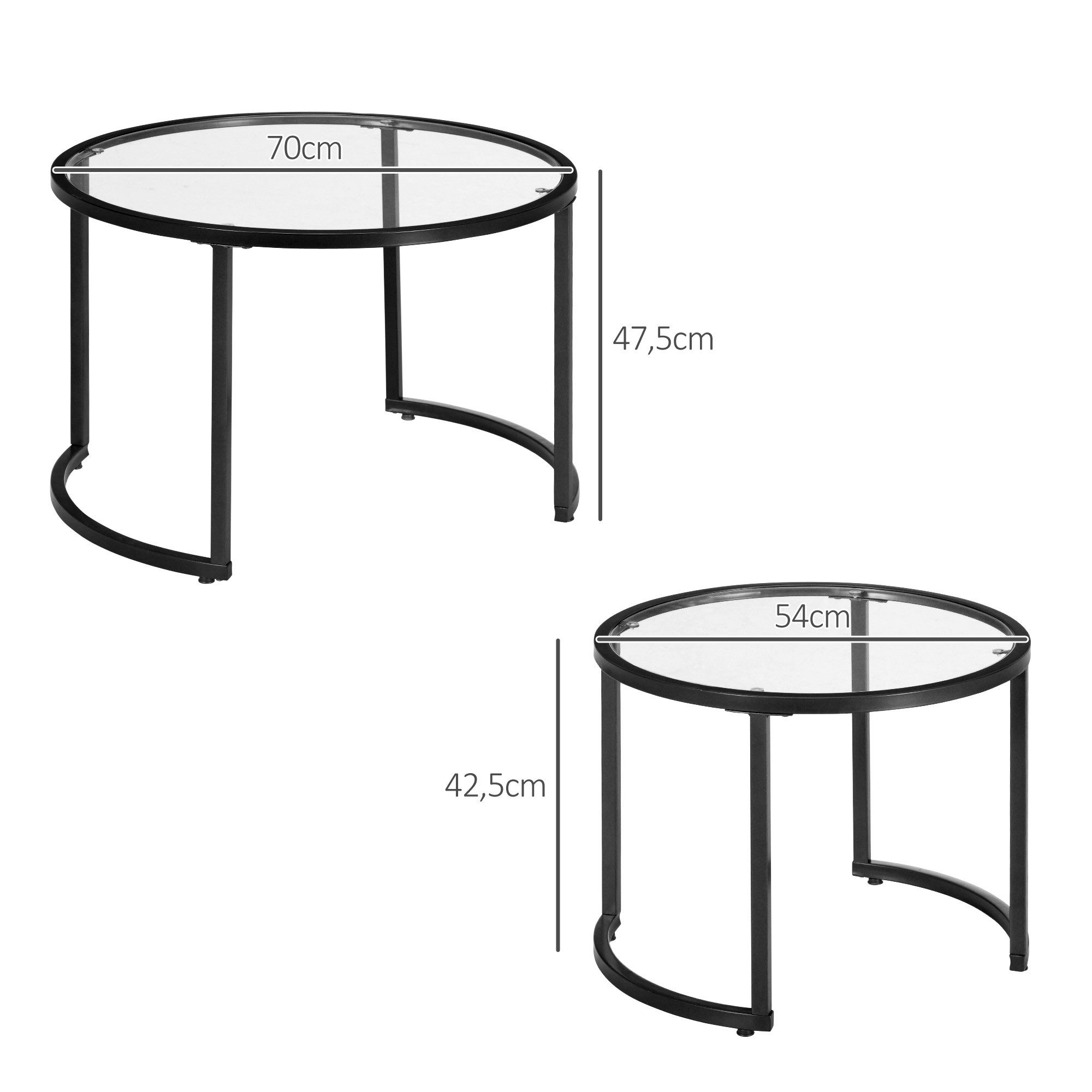 HOMCOM Couchtisch rund Beistelltisch Hartglas-Tischplatte, teilweise stapelbar (Kaffeetisch, 2-St., Sofatisch), für Wohnzimmer, Schlafzimmer Schwarz – Bild 3 von 5