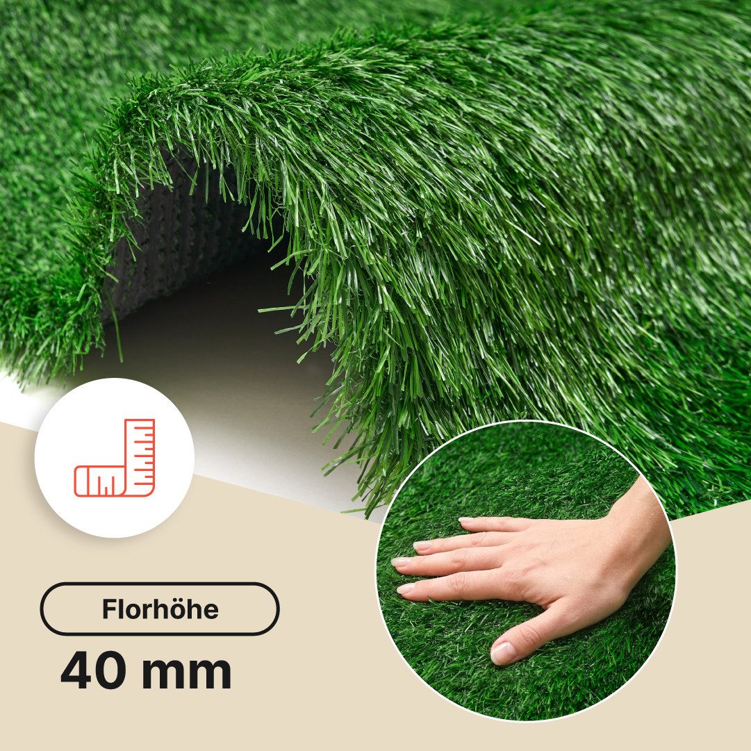 Tapiso Kunstrasen VERDE, rechteckig, Höhe: 40 mm, UV-beständig, pflegeleicht, wetterfest für Garten & Terrasse