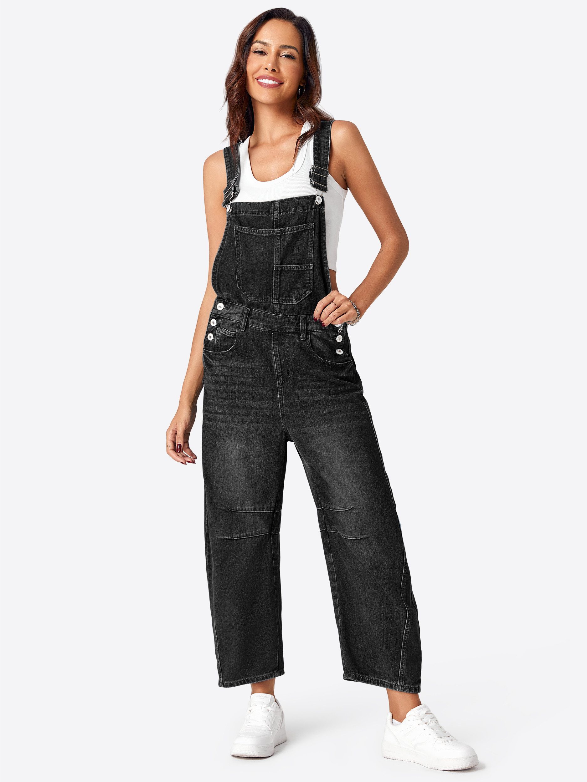 Imily Bela Overall Damen Lockerer Latzjeans mit Hosenträger (Packung, 1-tlg., 1per-Pack) mit Kängurutasche