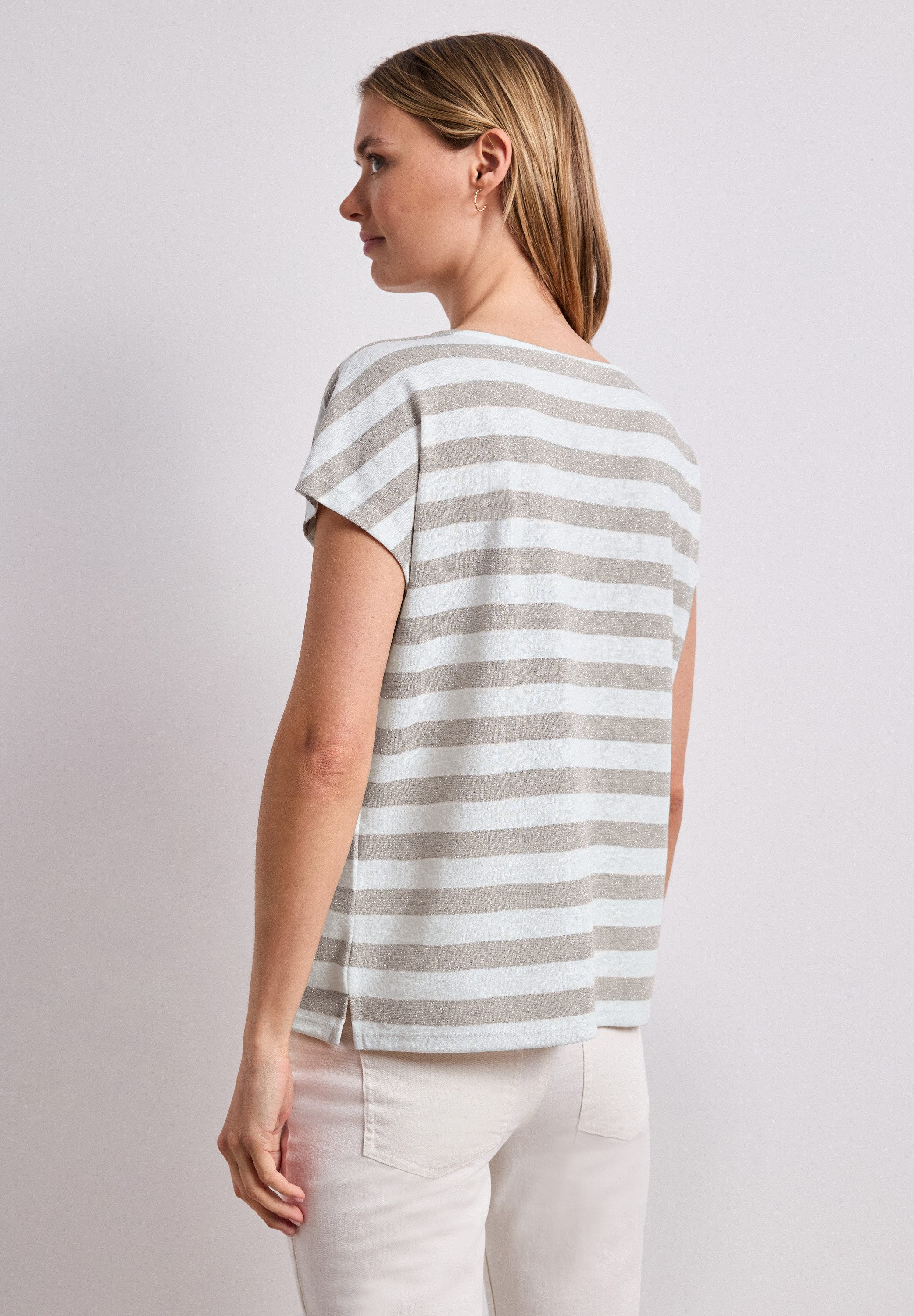 STREET ONE Shirttop Streifenmuster mit Glitzerdetails, seitliche Schlitze