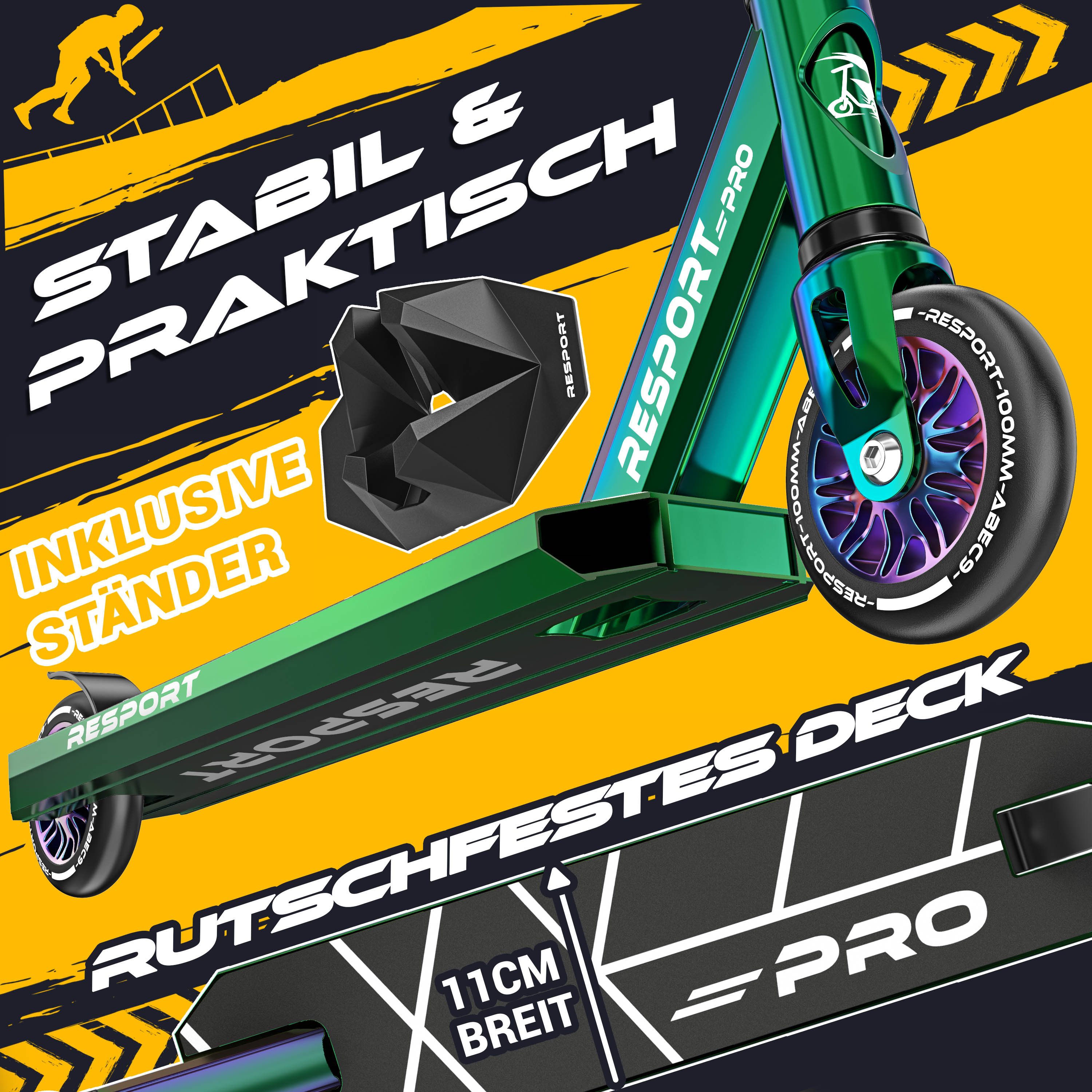 RE:SPORT Cityroller RE:SPORT® Revo Pro Stunt Scooter inkl. Ständer ABEC 9 Kugellagern, (Stuntscooter Kickscooter ABEC 9 Kugellager Trickroller, mit Ständer Profi Stuntroller 110mm PU Wheels & Y-Bar), Stunt Scooter REVO PRO für Kinder & Erwachsene