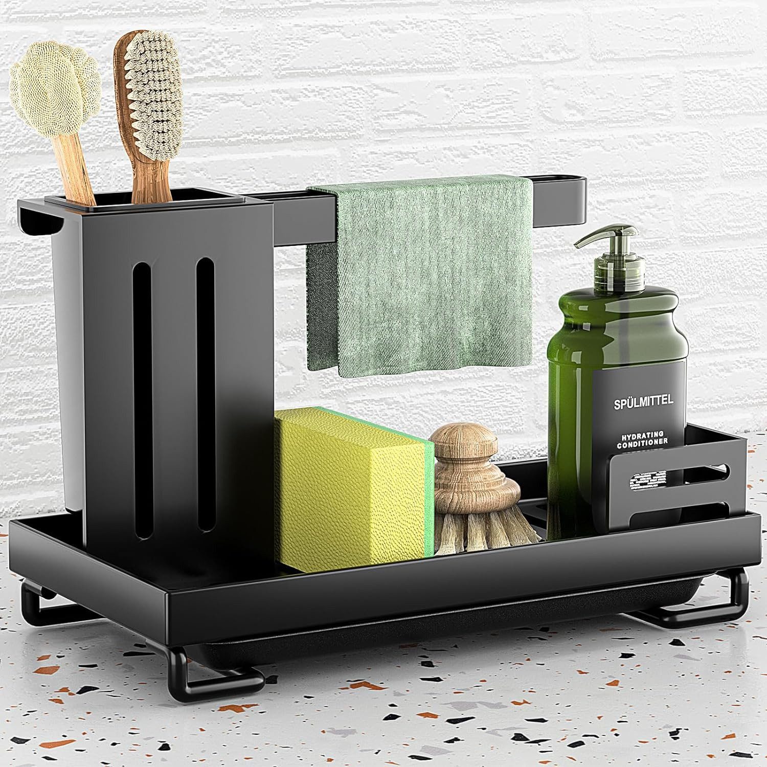 BlingBin Küchenorganizer-Set Spülbecken Organizer mit Abflusspfanne & Lappenhalter, (1er Set, 1-tlg., Edelstahl Waschbecken Organizer), Universeller Küchenorganizer Für Schwämme, Bürsten & Seife, Schwarz