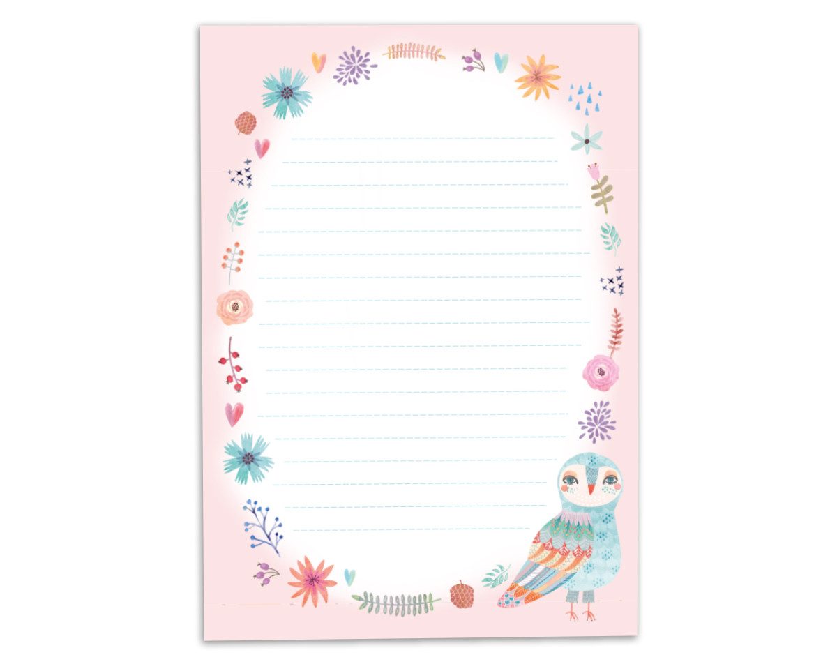 JUNAPACK Briefpapier Set Kinder Briefblock A5 mit Umschlägen Notizblock Papier Eule Tiere, Kinder-Briefpapier A5 mit 15 Umschlägen, liniert & leicht beschreibbar