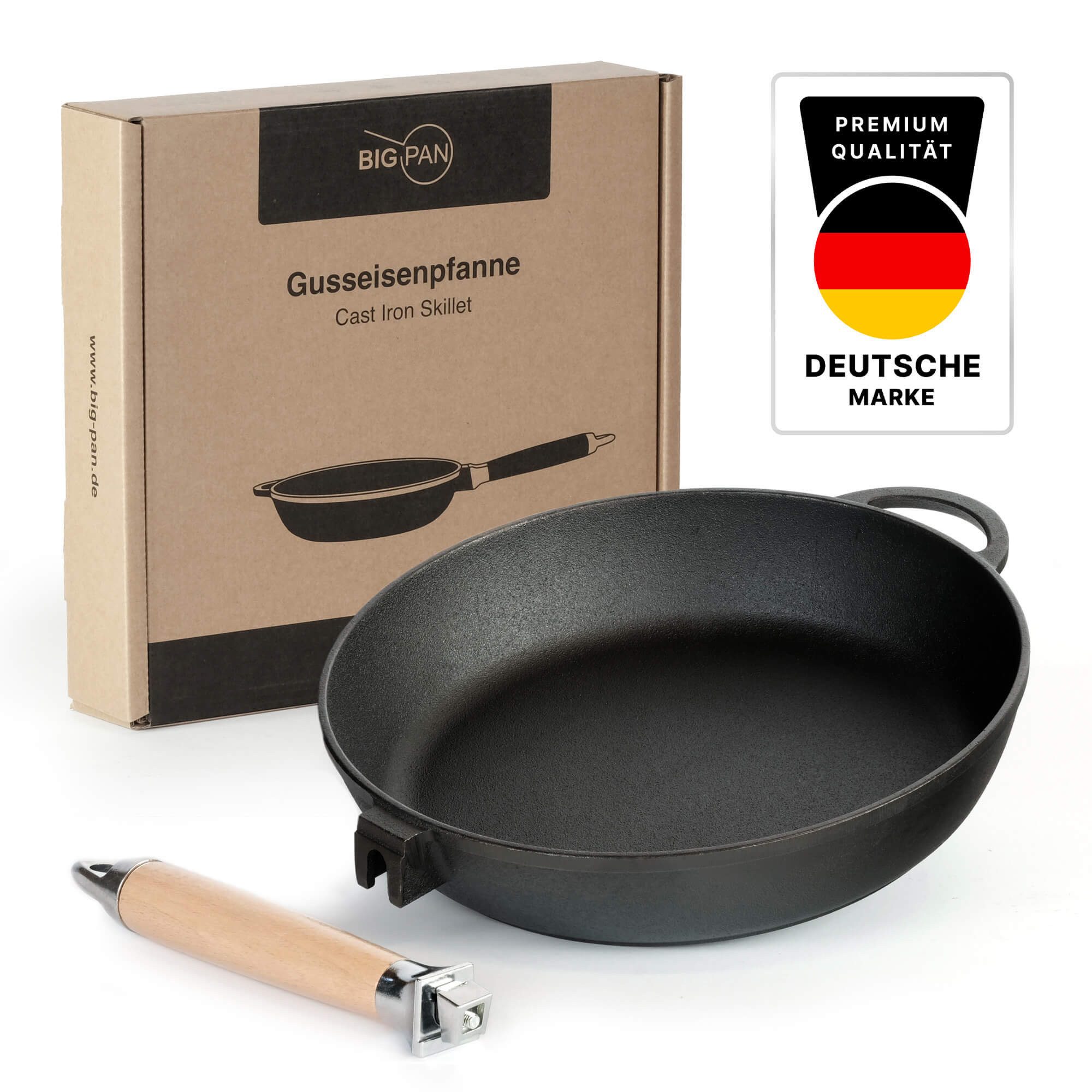 4BIG.fun Schmorpfanne Premium tiefe Gusseisenpfanne 28 cm Glasdeckel unbeschichtet robust, Gusseisen (Induktion Eisenpfanne Gusspfanne, Für alle Herdarten geeig – Bild 3 von 5