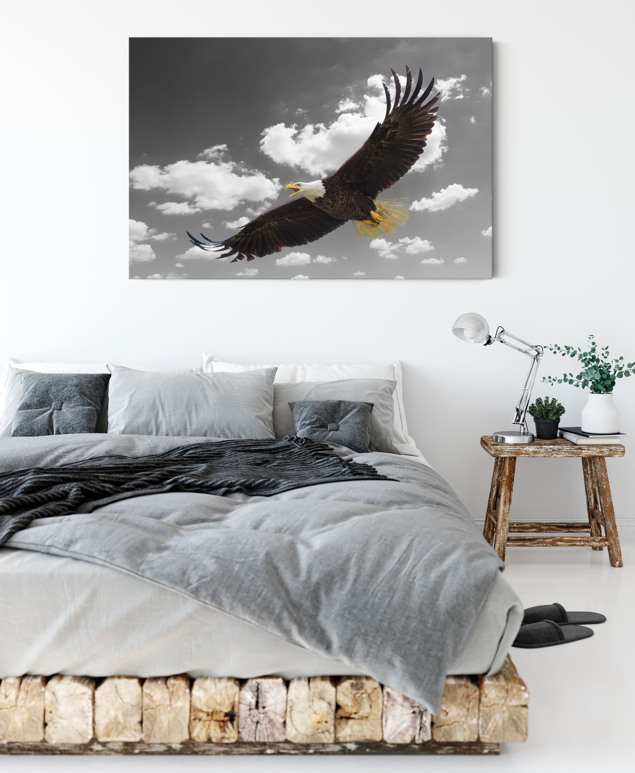 Pixxprint Leinwandbild Weißkopfseeadler beim inkl. beim St), bespannt, fertig Zackenaufhänger fliegen Weißkopfseeadler Leinwandbild fliegen, (1