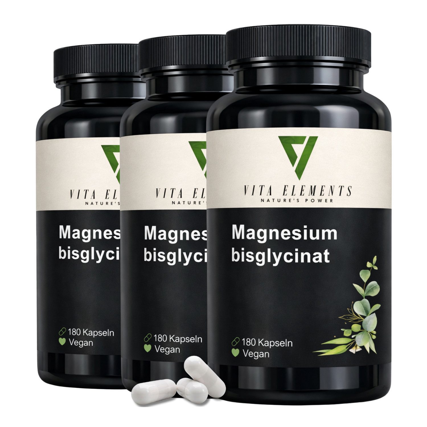 Vita Elements Magnesiumbisglycinat - 300mg pro Tagesdosis, 540 Kapseln, 3 er Spar-Set à 180 St., Vegan, Gentechnikfrei, Hochdosiert, Gut bioverfügbar und Laborgeprüft