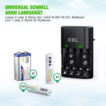 EBL Akku Ladegerät für AA AAA 9V Akku, Plug Charger mit 4x AA/AAA/9V Akku Batterie-Ladegerät