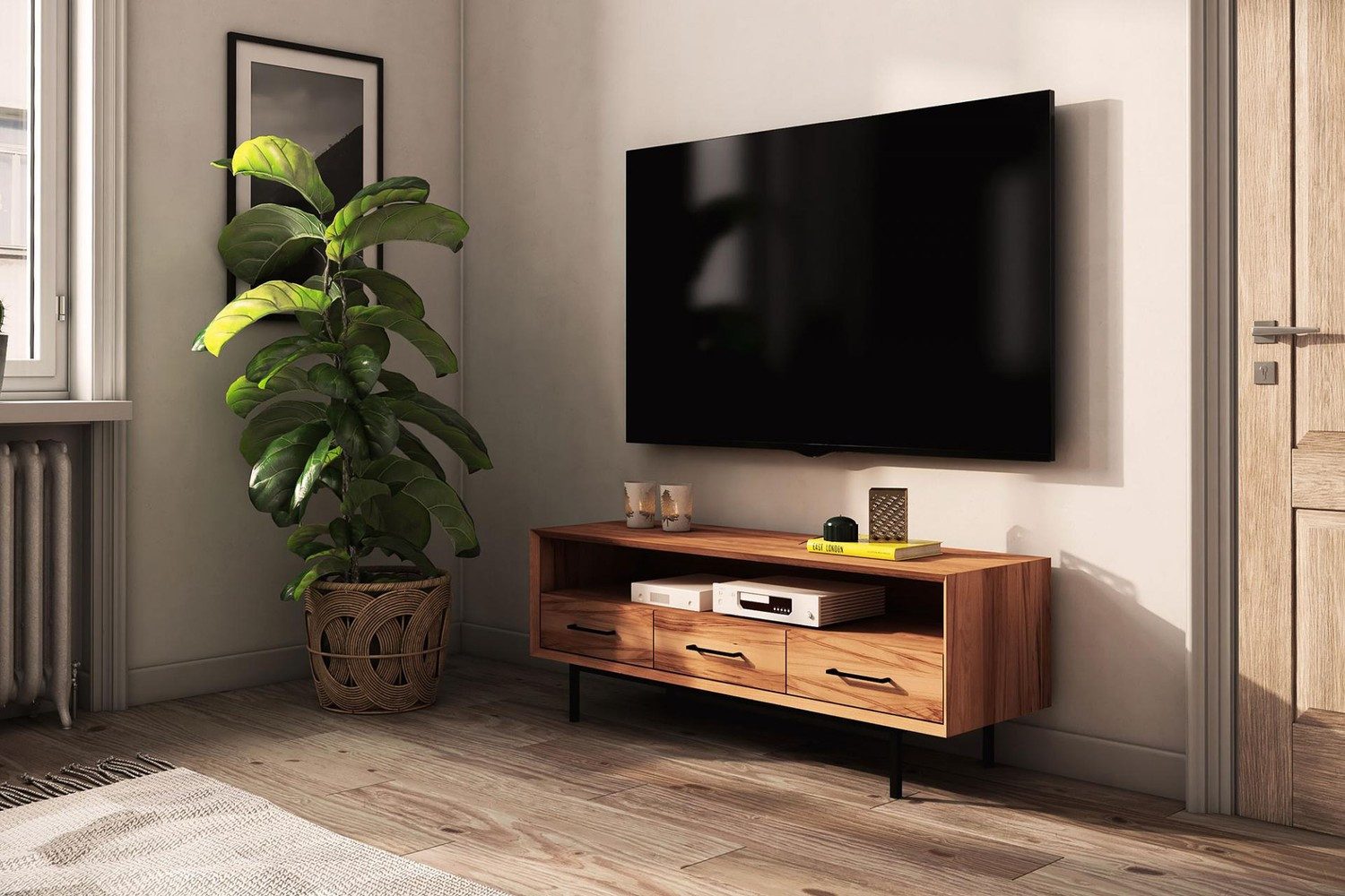Natur24 Lowboard TV-Board Seiba Kernbuche 144x45x50 mit 3 Schubladen und 1 offenem Fach