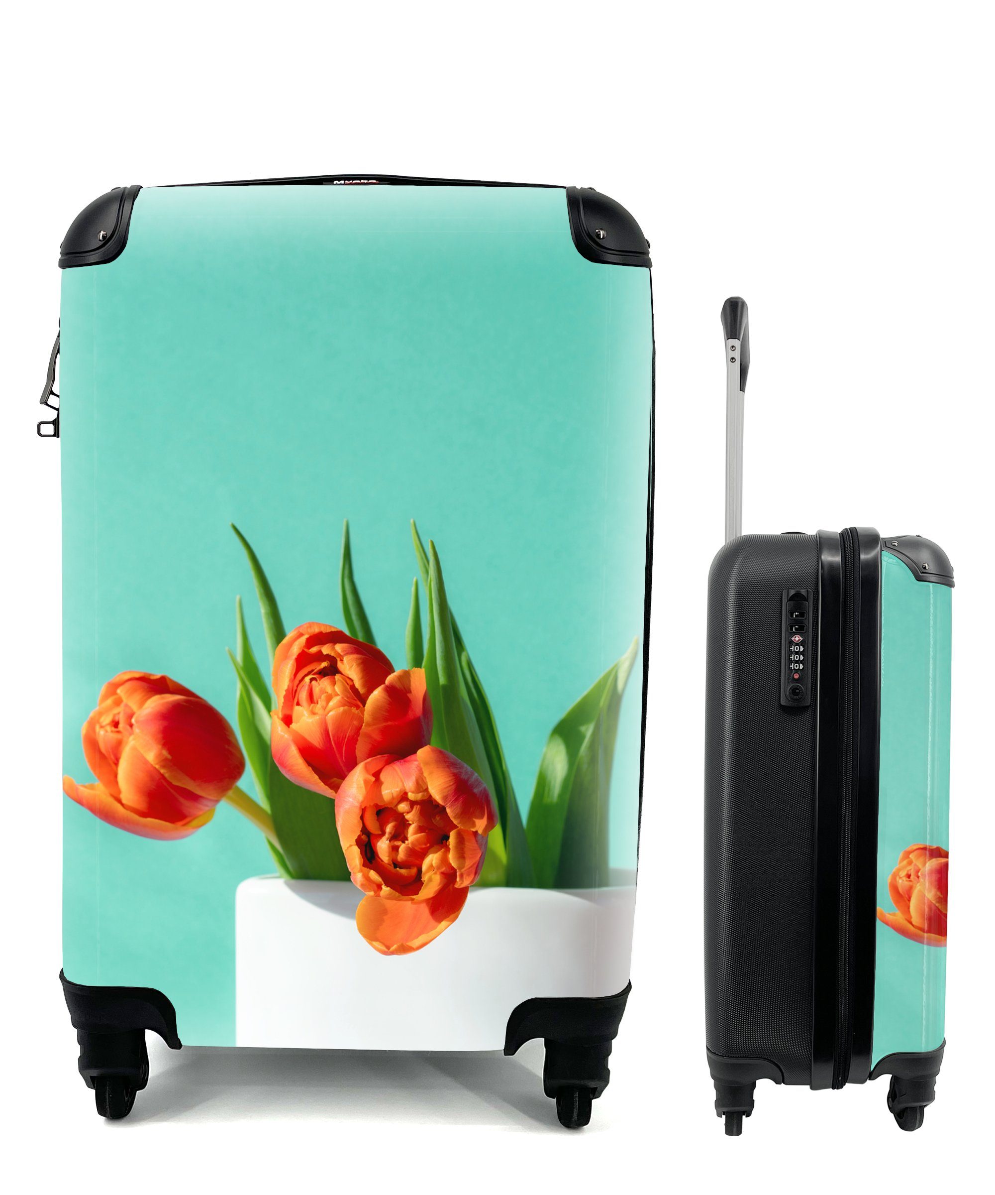 Reisekoffer für Hintergrund, Tulpen grünem in Vase Trolley, vor Handgepäckkoffer Rollen, Handgepäck Ferien, Reisetasche mit einer Orangefarbene 4 rollen, MuchoWow weißen