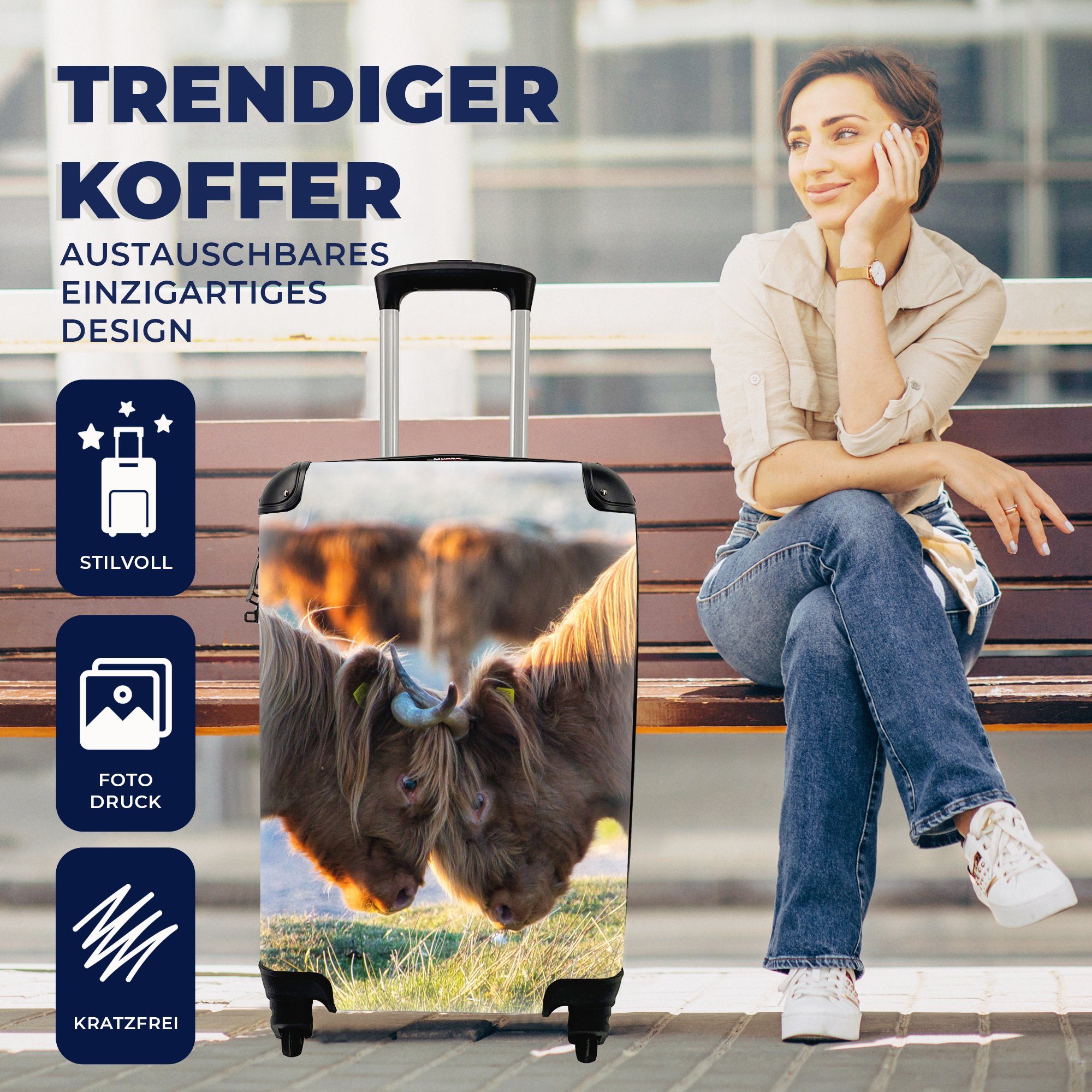 Rollen, Highlander Sonne, Handgepäckkoffer rollen, Reisekoffer Ferien, Tiere mit MuchoWow Schottische für Trolley, 4 - - Handgepäck Reisetasche