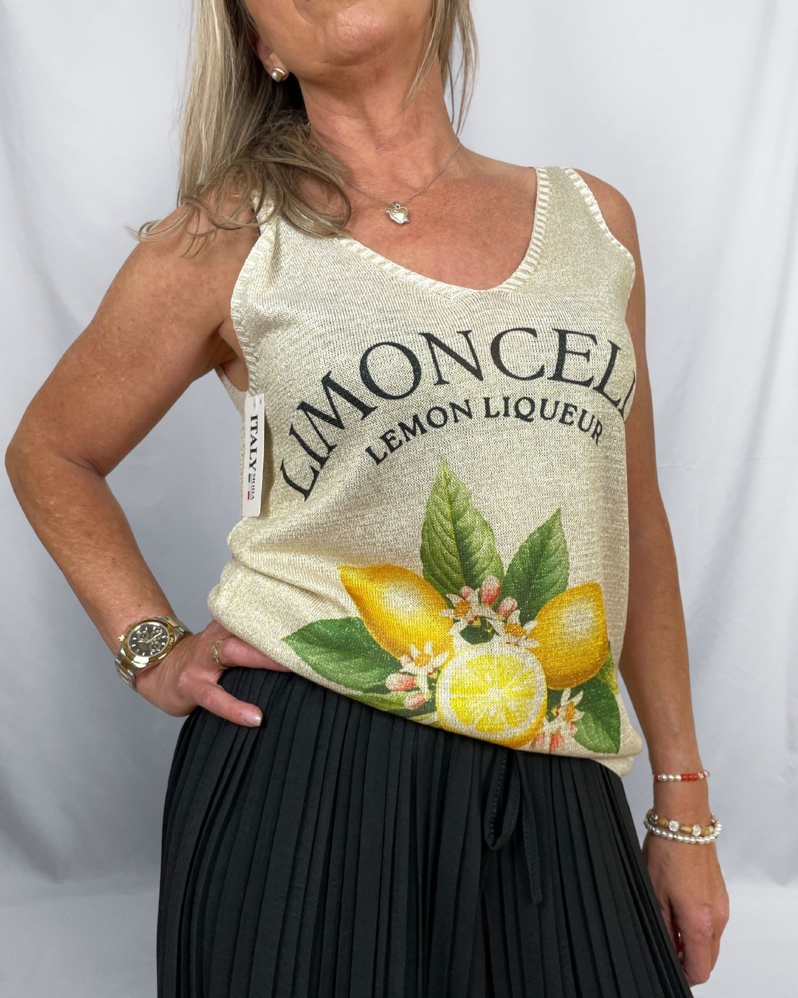 ITALY VIBES Shirttop - Ärmelloses Top für Damen - Lurex-Top mit trendigem Print - ONE SIZE passt Größe S - XL