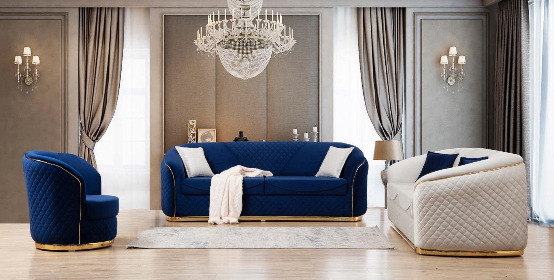 Xlmoebel Polstergarnitur Blau-Gelbe Sitzgruppe mit Textilbezügen im klassischen Design, (3-tlg., 2x 3 Sitzer Sofa, Sessel), Hergestellt in Europa