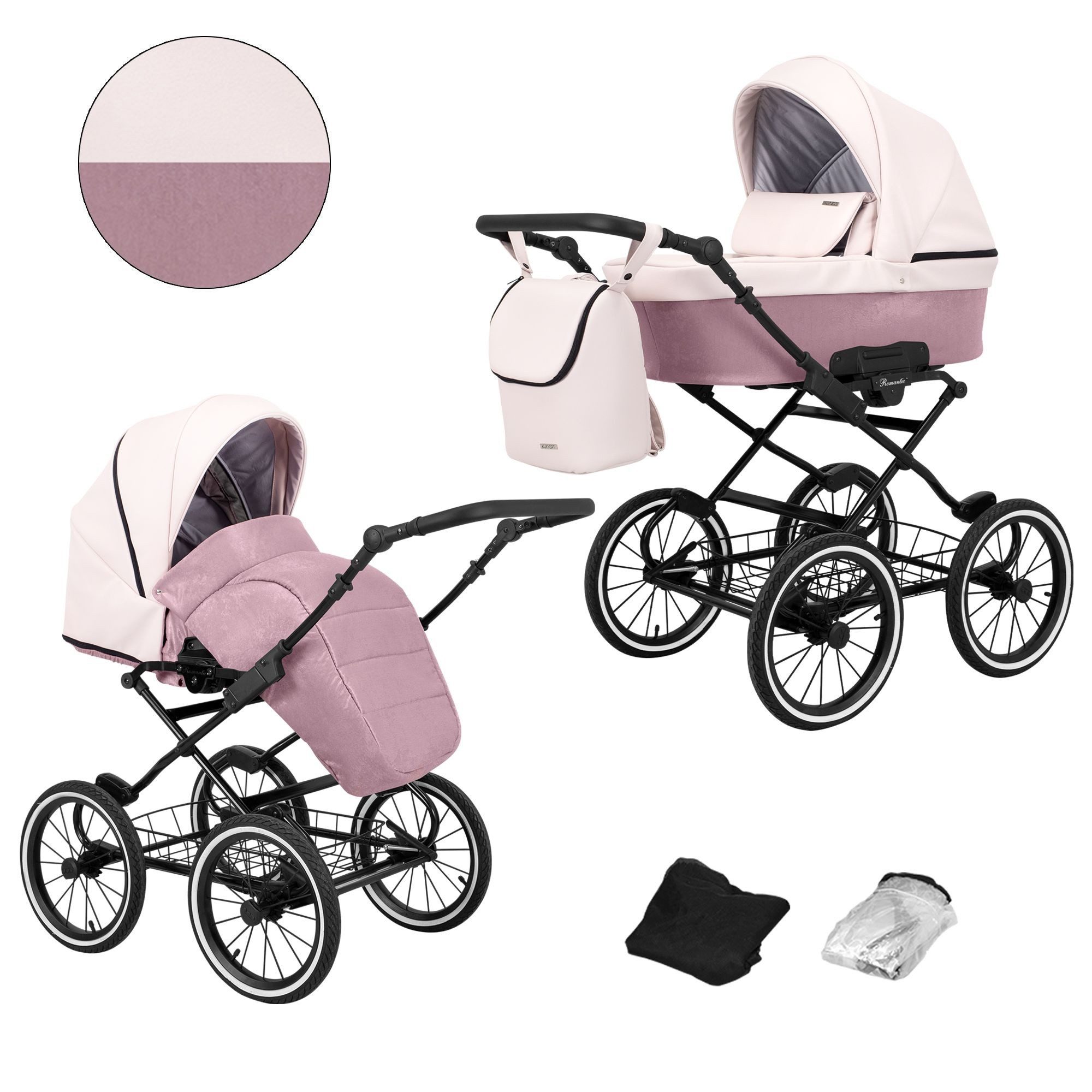 KUNERT Kombi-Kinderwagen Romantic 2 in1 Öko-Leder Kinderwagen mit AIR WHEEELS, 3-in-1-Kit mit Tragewanne, Buggy, Autositz und Rucksack