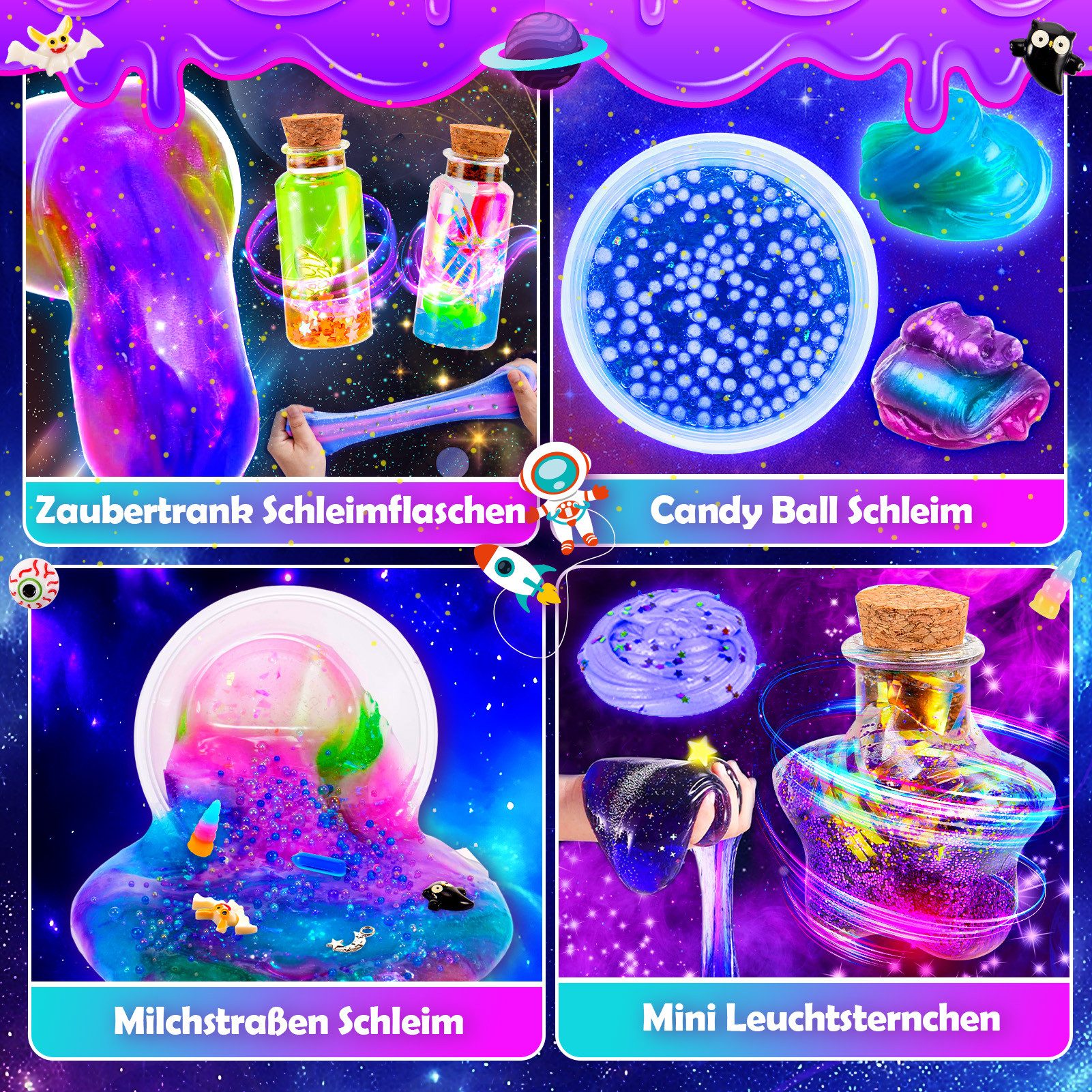 Wootoy Kreativset Experimentierkasten Schleim Bastelset Galaxy Einhorn DIY Slime Kit, (mit Glitzer Perlen und Zubehör zum Kreativen Gestalten, 1-tlg., Schleim-Bastelset in zwei Themenwelten: Galaxie oder Einhorn), Fördert Kreativität Feinmotorik und spielerisches Experimentieren