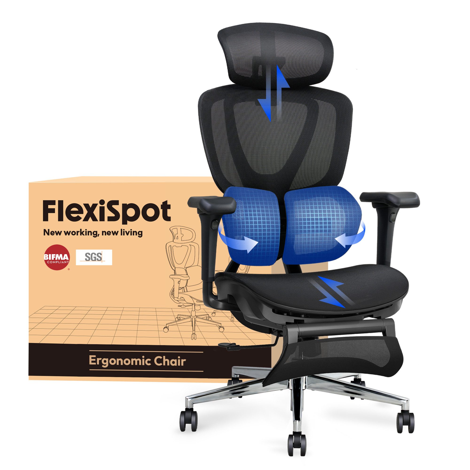FLEXISPOT Drehstuhl Ergonomischer Bürostuhl, Arbeitsstuhl mit Dual-Wing Lendenstütze (3D-Kopfstütze & 3D-Armlehnen & Verstellbarer Sitztiefe), 3-Stufen Neigung & höhenverstellbare Rückenlehne, MIT Fußstütze