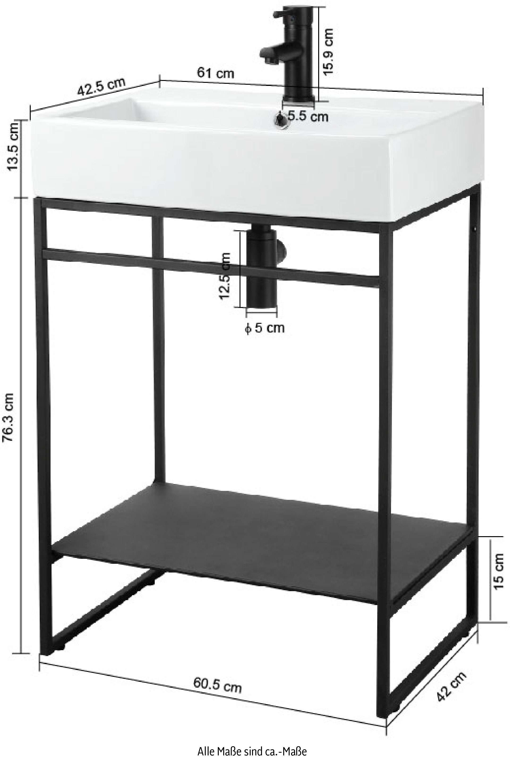 welltime Loft vanity unit, bathroom furniture, black, with ceramic washbasin, width 60cm