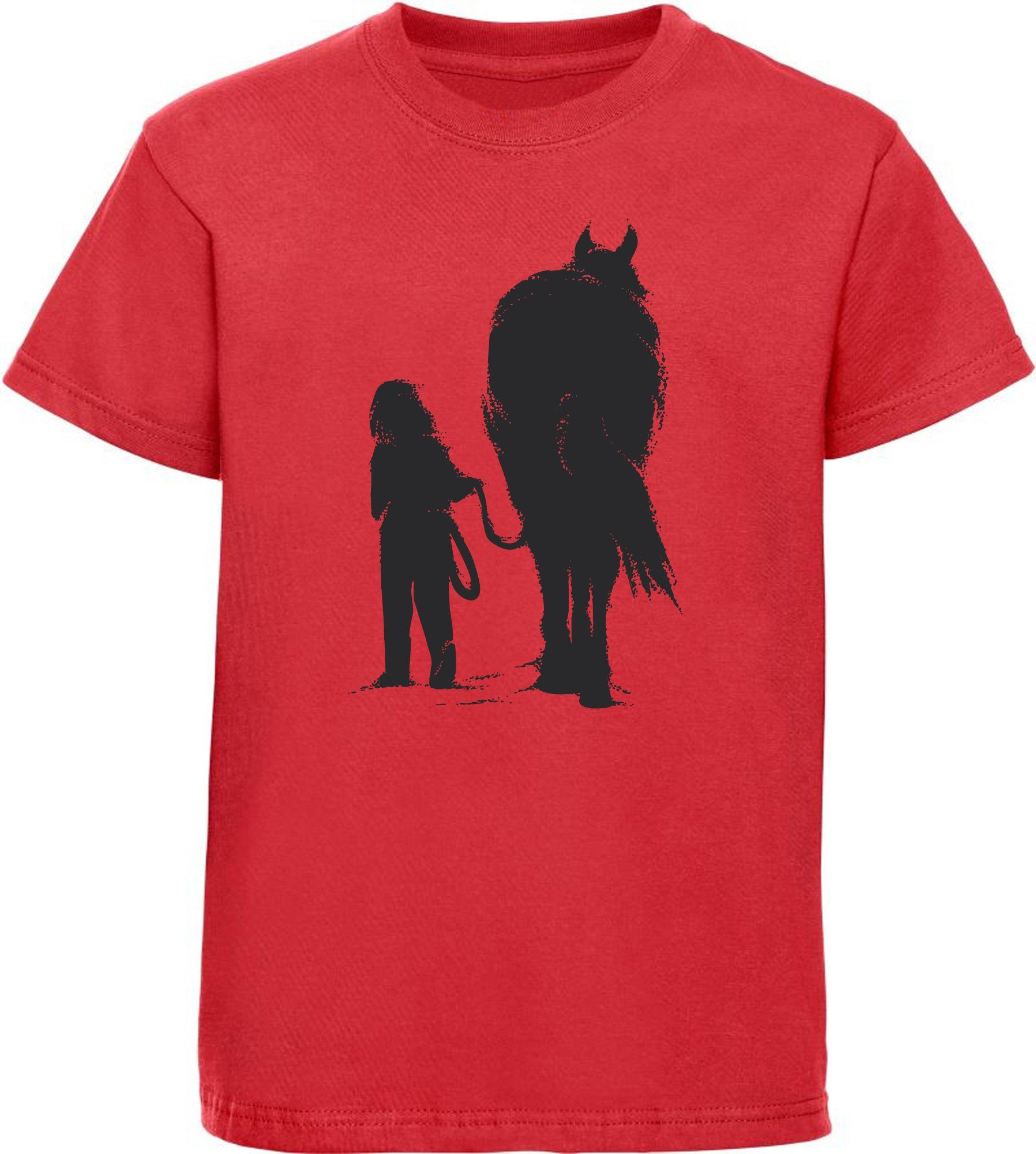 MyDesign24 T-Shirt Kinder Print Shirt bedruckt - Mädchen & Pferd beim Spaziergang Baumwollshirt mit Aufdruck, i250 rot
