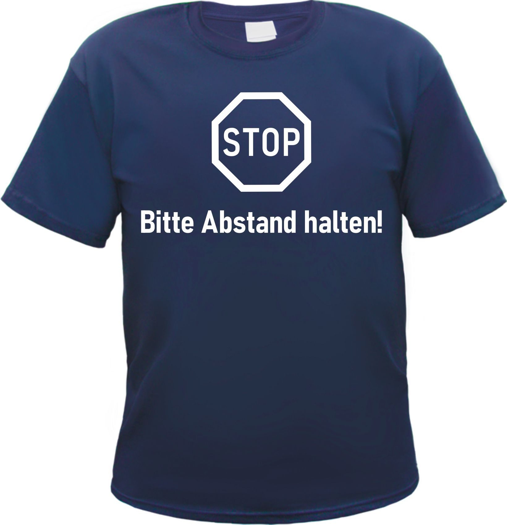 HB-Druck T-Shirt STOP-Bitte Abstand halten - Herren Shirt - Blau - Abstandhalten Shirt aus 100% Baumwolle mit strapazierfähigem Aufdruck
