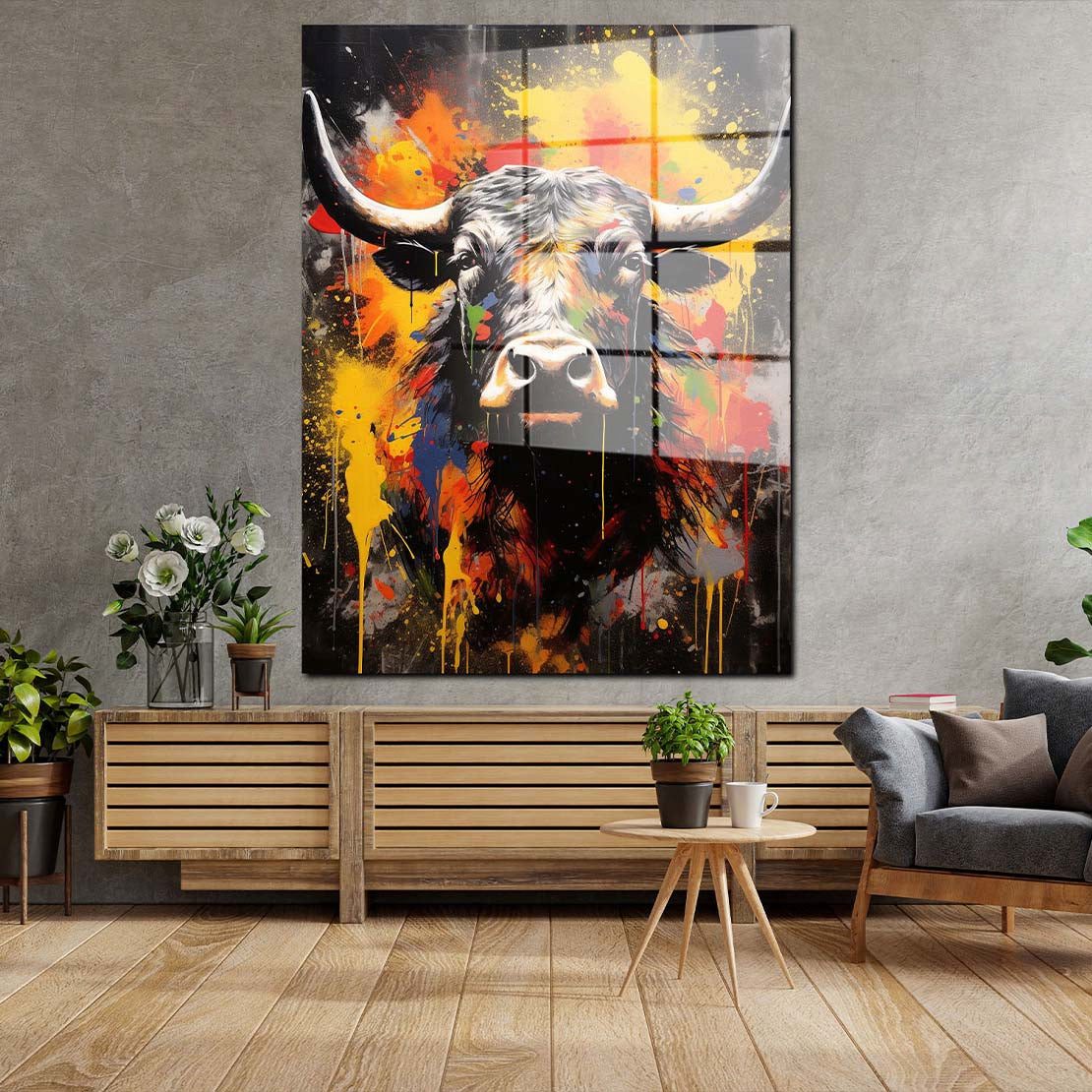 Artedinoi Acrylglasbild Stier Pop Art abstrakt splatter Acrylglas Wandbild Bild Wanddeko Wohnz