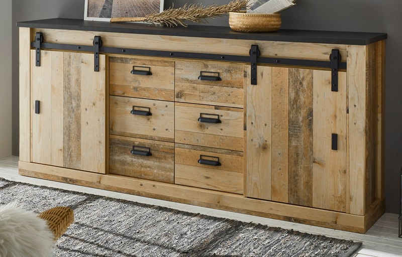 IMV Sideboard Stove (Anrichte in Used Wood, 200 x 91 cm), mit Schiebetüren, 6 Schubladen, Soft-Close