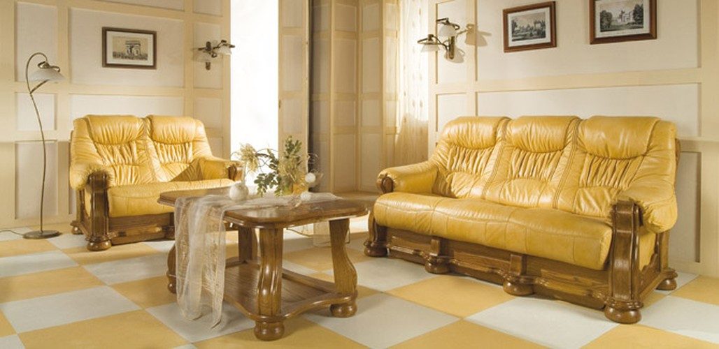 JVmoebel Polstergarnitur Landhaus Ledersofa in Gelb mit Holzrahmen und Komfortpolsterung, (Set, 2-tlg), Made in Europa