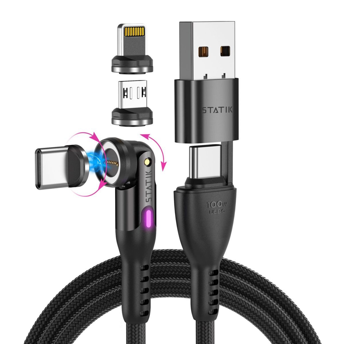 STATIK 360Pro braided rotating 3 magn. tips 6-in-1 Cable Smartphone-Adapter