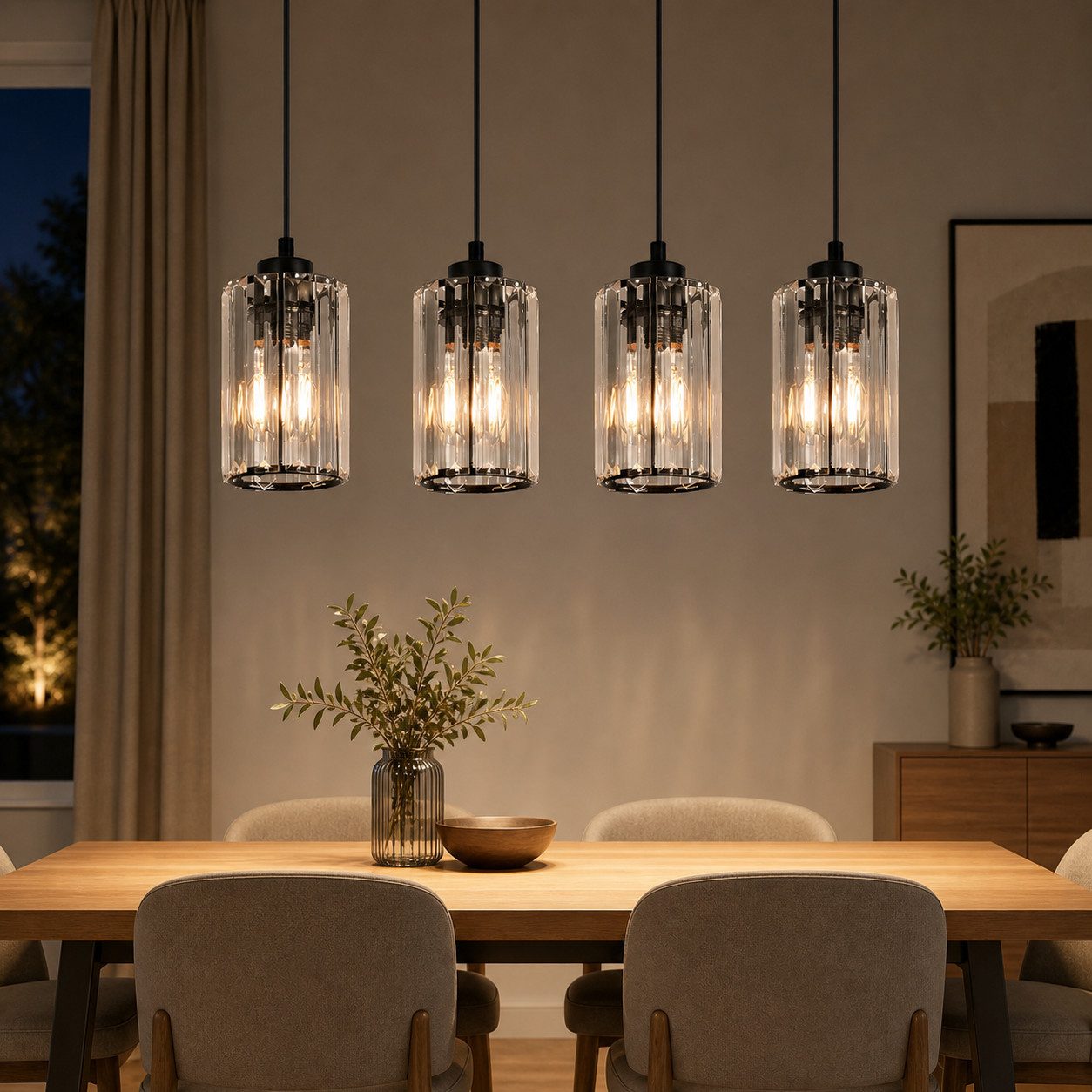 Nettlife Pendelleuchte Kristall Esstisch Schwarz Modern 1/3/4 Flammig E27 Hängeleuchte, LED wechselbar, Esszimmerlampe für Wohnzimmer Schlafzimmer Küche