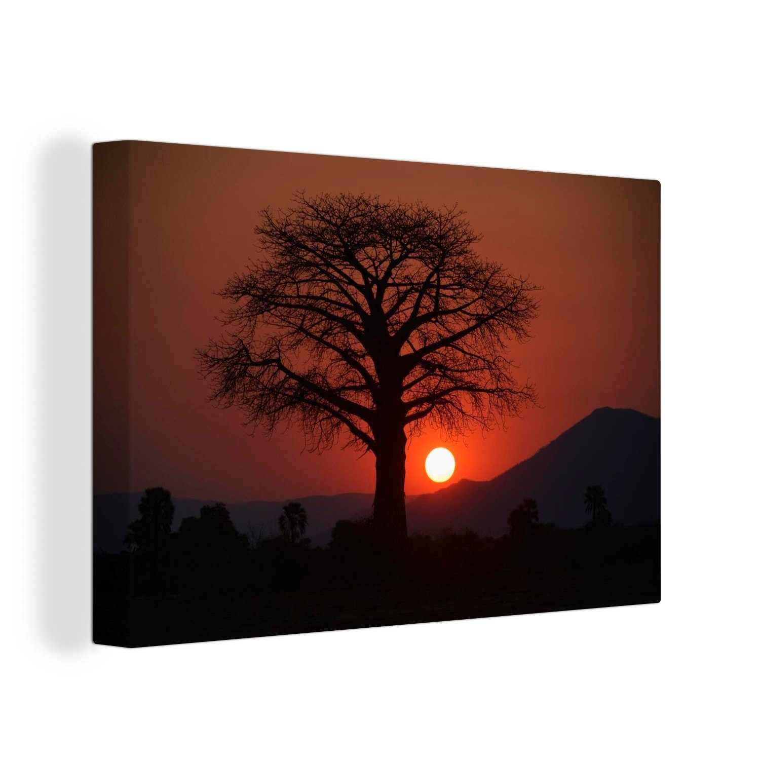OneMillionCanvasses® Leinwandbild Sonnenuntergang hinter einem Baum im Lower Zambezi National Park, (1 St), Wandbild Leinwandbilder, Aufhängefertig, Wanddeko, 30x20 cm