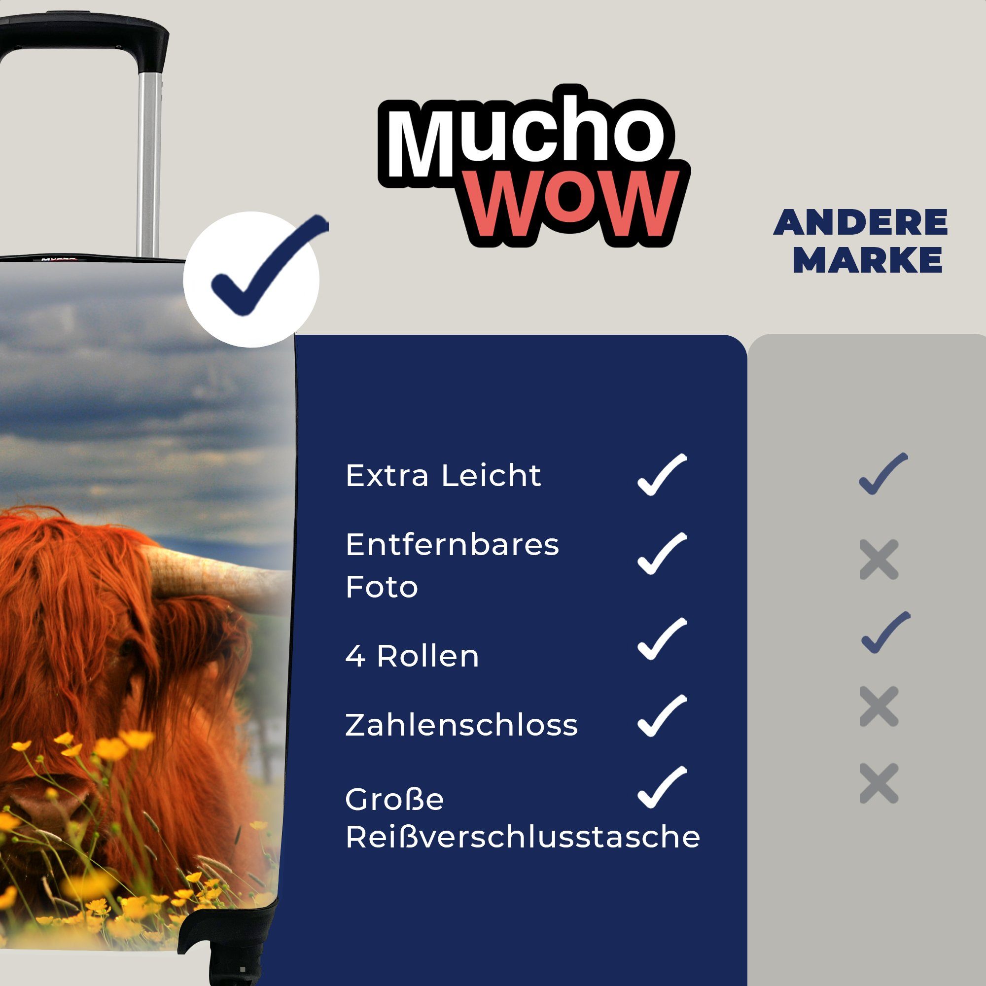 4 Tiere Handgepäck rollen, Rollen, mit für MuchoWow - Blumen, Ferien, Reisekoffer - Highlander Schottischer Trolley, Reisetasche Handgepäckkoffer